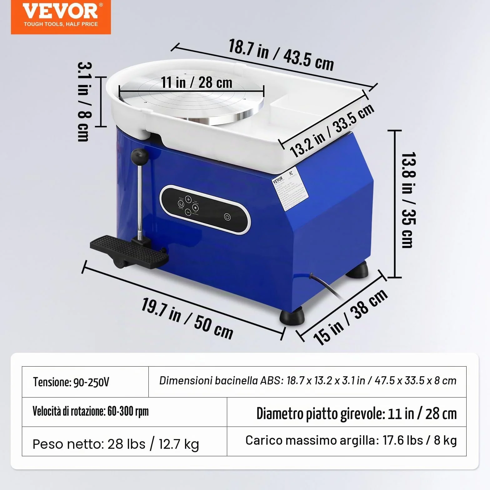 VEVOR Tornio per Ceramica Argilla 450W 28 cm 60-300 giri/min con Pedale Controllo LCD