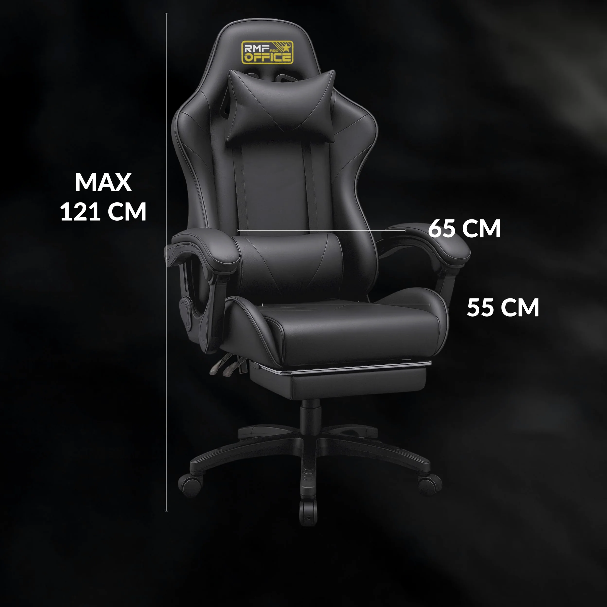RMF Sedia Gaming Professionale Ergonomica Reclinabile, Poltrona Gaming Seduta Comoda e Rilassante con Poggiapiedi - Sedia per Gamer con Ruote Girevoli, Altezza Regolabile Nero