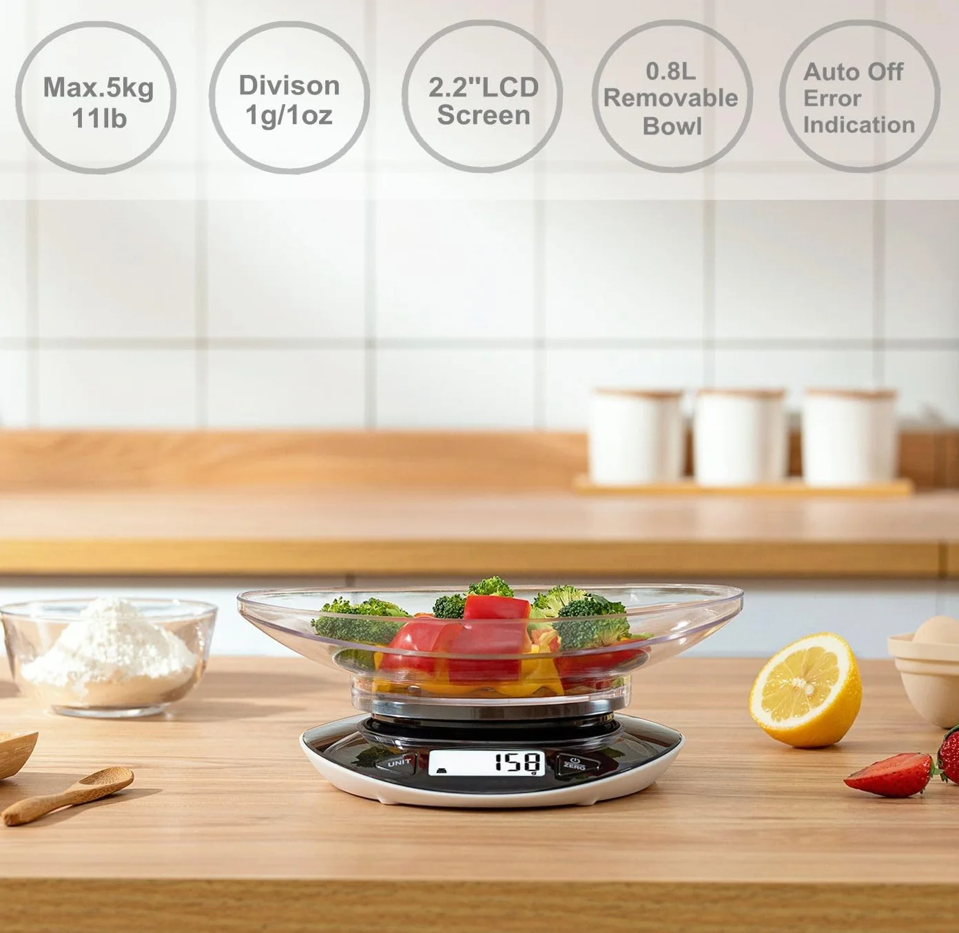 Bilancia da cucina digitale con ciotola Bilance da forno Bilancia per alimenti Ampio display LCD Precisione 1g Capacità 5kg / 11lb (nero)