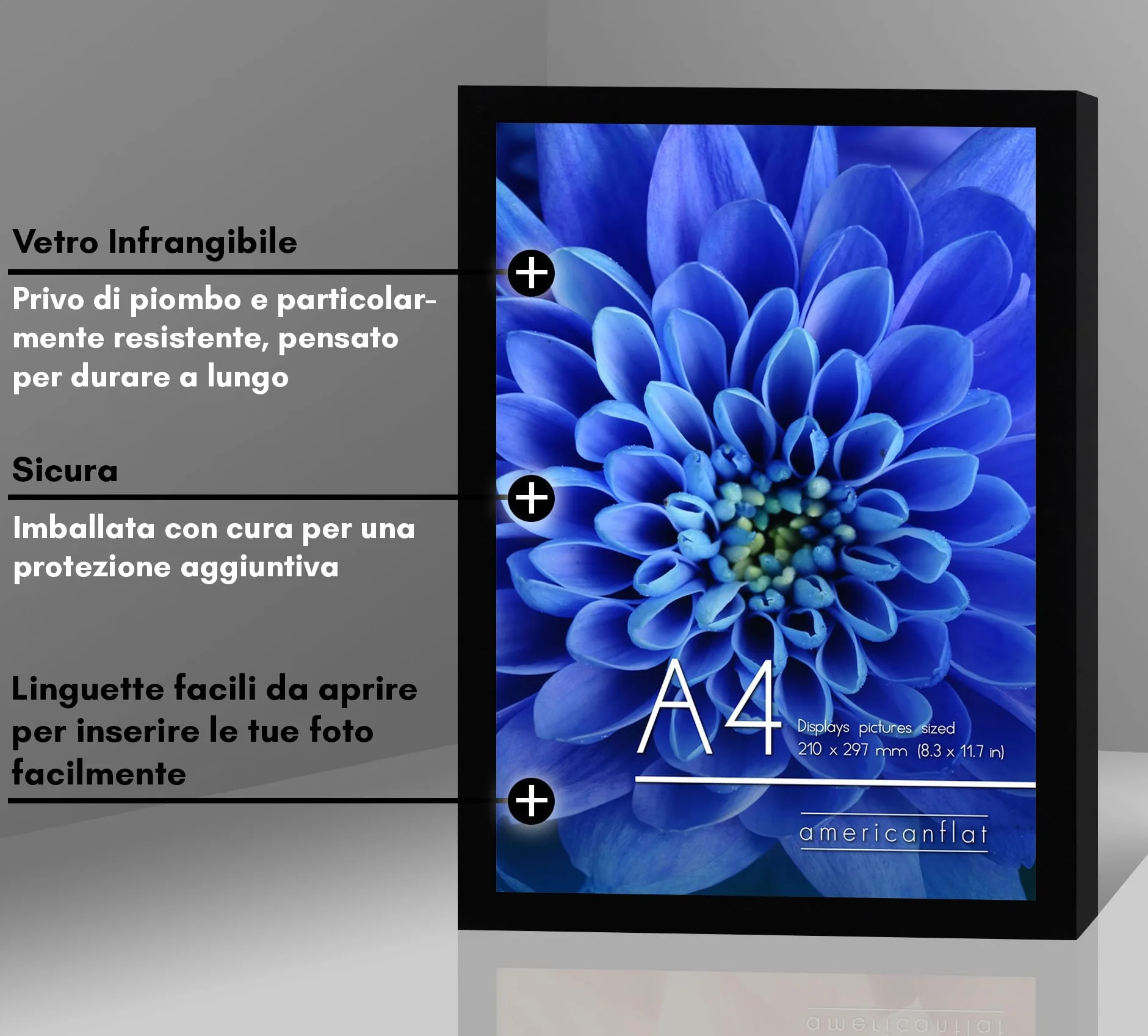 Americanflat Cornice A4 Nera Legno MDF Vetro Resistente Urti Finitura Lucida Parete Tavolo Verticale Orizzontale