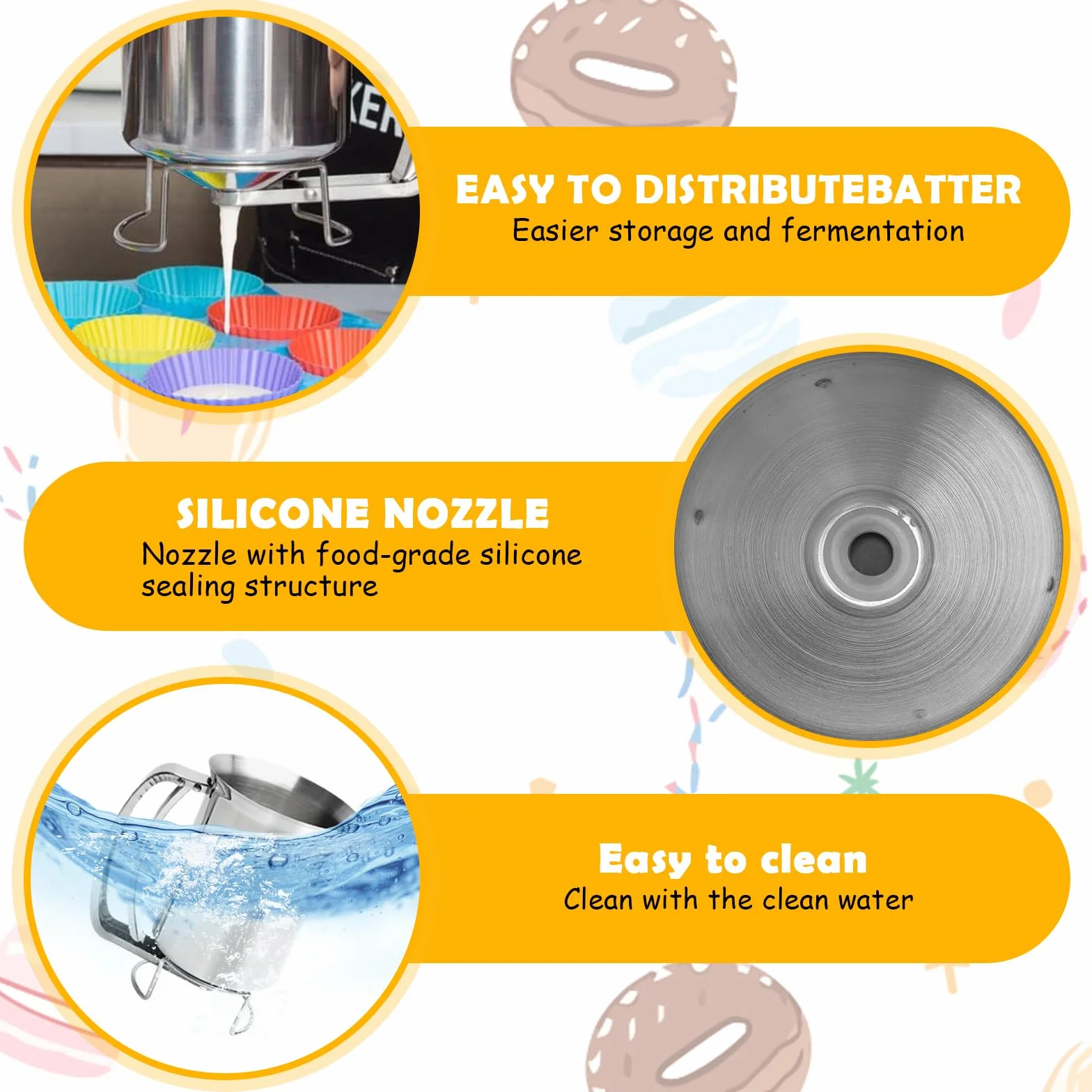Raxfekro Distributore di pasta in acciaio inox, 900 ml, con manico per schiacciare, dosatore per pasta, per pancake, muffin, biscotti e cialde, NX-mianhufenpeiqi01