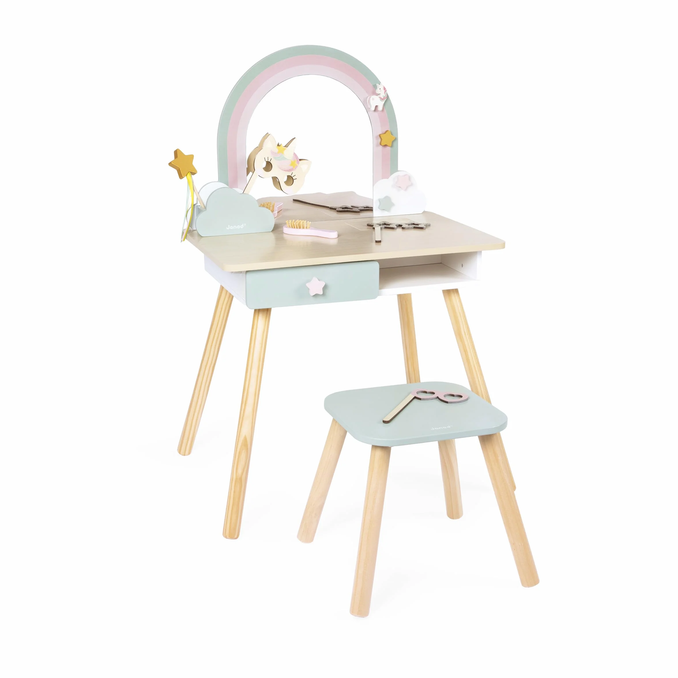 Janod Tavolino da Toilette per Bambina, Tema Unicorno, Gioco d'imitazione, Tavolino da Toilette con Specchio e Sgabello Giocattolo, 10 Accessori, Dimensioni 56,6 x 42,5 x 86,25 cm, da 3 Anni