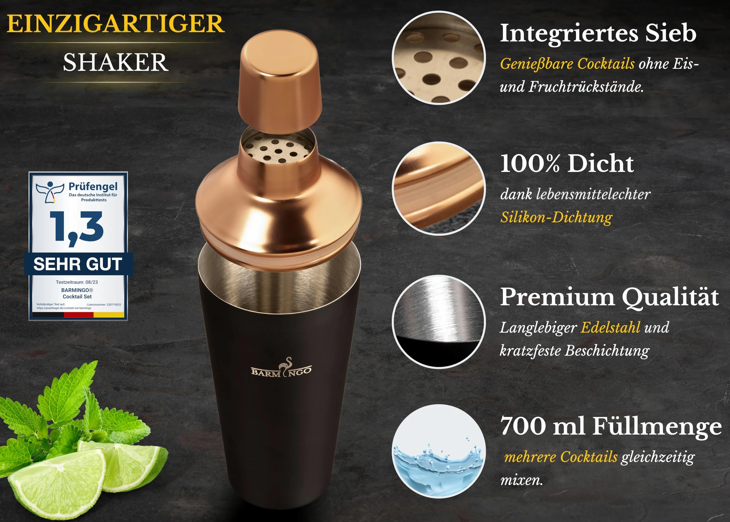 Set da cocktail in acciaio inox, 11 pezzi, 700 ml, con supporto e accessori da bar, set shaker per cocktail, set da barista, set da bar, set regalo, nero e oro rosa