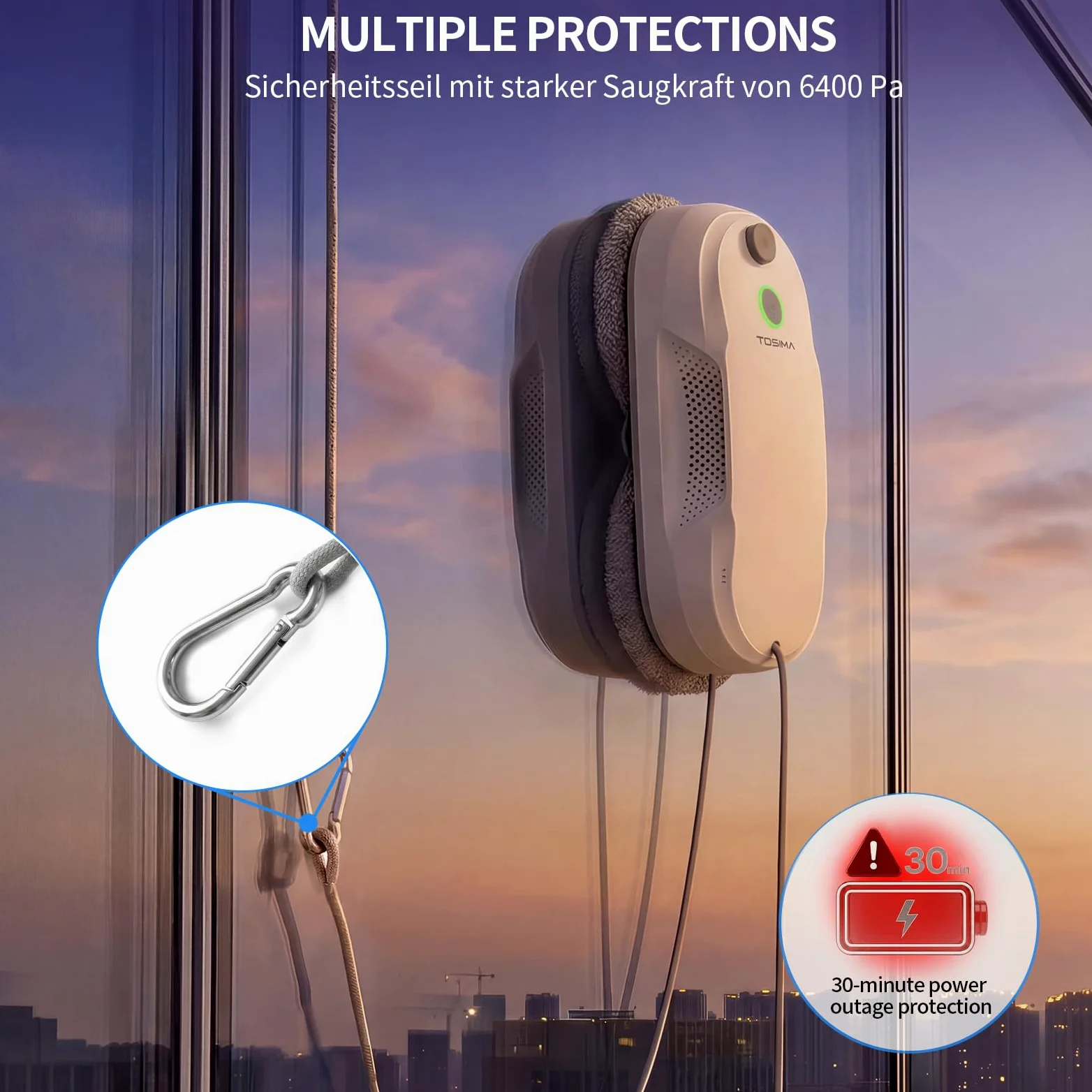 Tosima W5 Robot Lavavetri Finestre, Robot Pulisci Vetri con Doppio Spray, Telecomando, Lavavetri Automatico Sicurezza Tripla per Superfici Lisce Interni/Esterni(8 Panni)