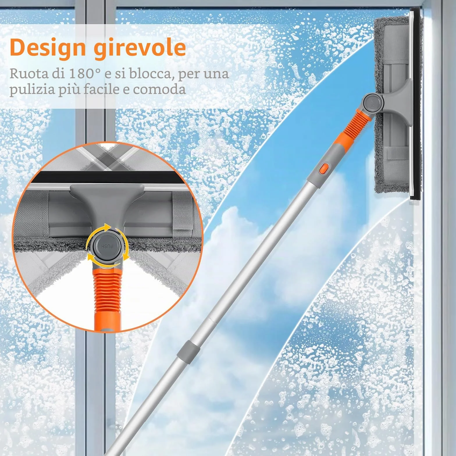 Lavavetri Professionale 2 in 1 con Manico Telescopico 254cm, Panni in Microfibra