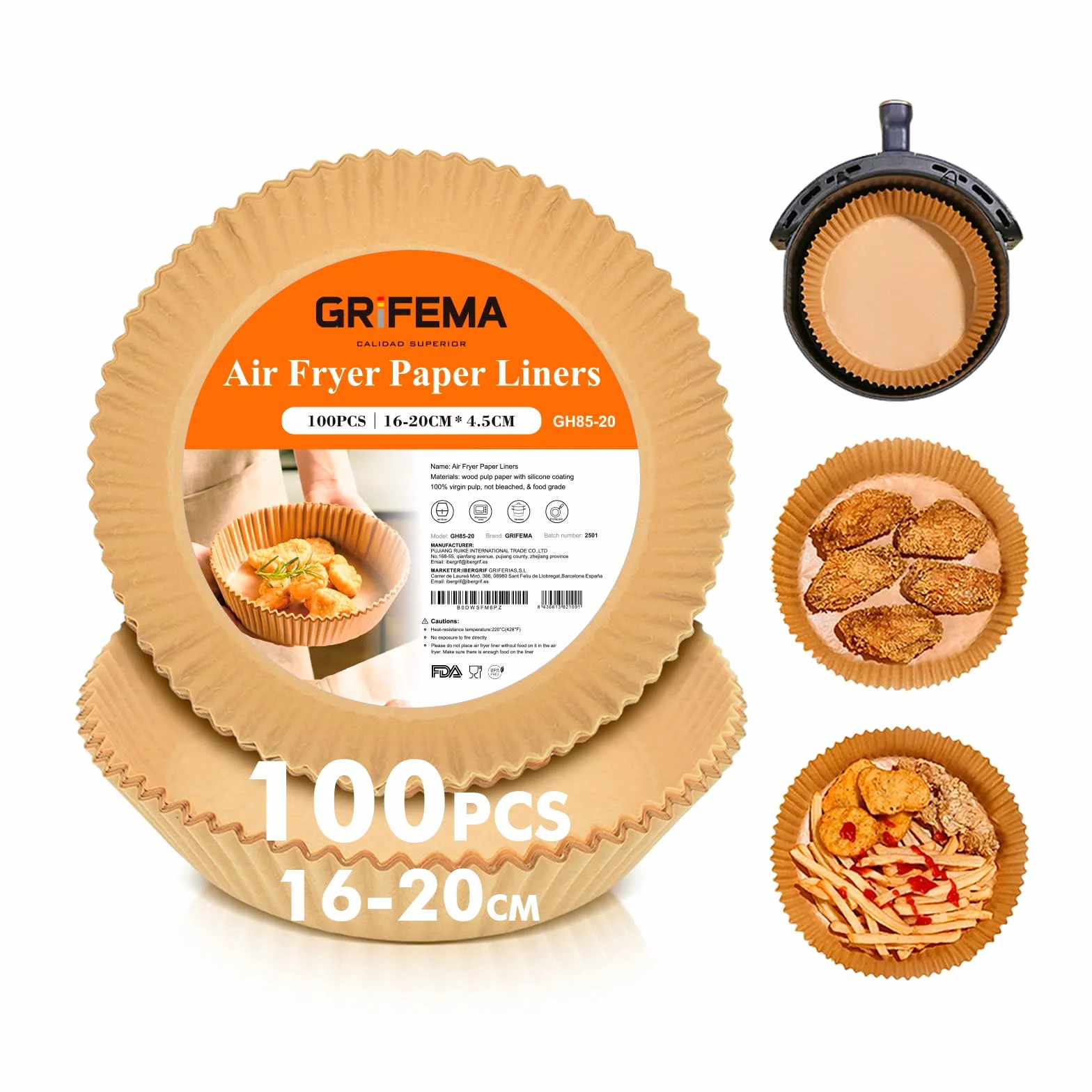GRIFEMA Carta Forno per Friggitrice ad Aria Calda, Rotonda 100PCS, 16-20 cm, 2.2-4.5L, BPA Free