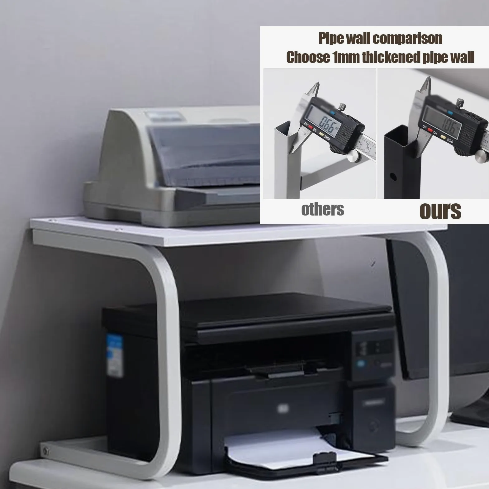 Supporto per stampante, supporto a 2 livelli per stampante laser - scaffale per stampante da scrivania con spazio di archiviazione per ufficio domestico - carrello da tavolo bianco per stampanti las