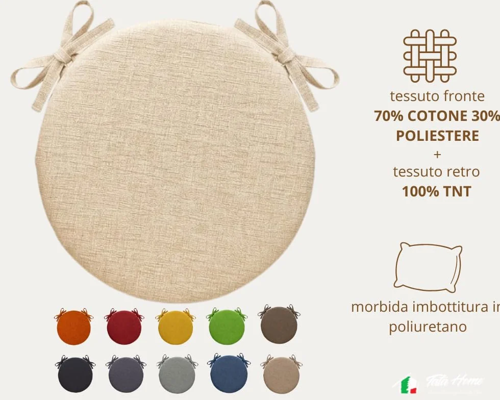 Tata Home Set 4 Cuscini Sedia Rotondi con Laccetti Diametro 40 cm Spessore 3 cm Mod. Billy Colore Panna