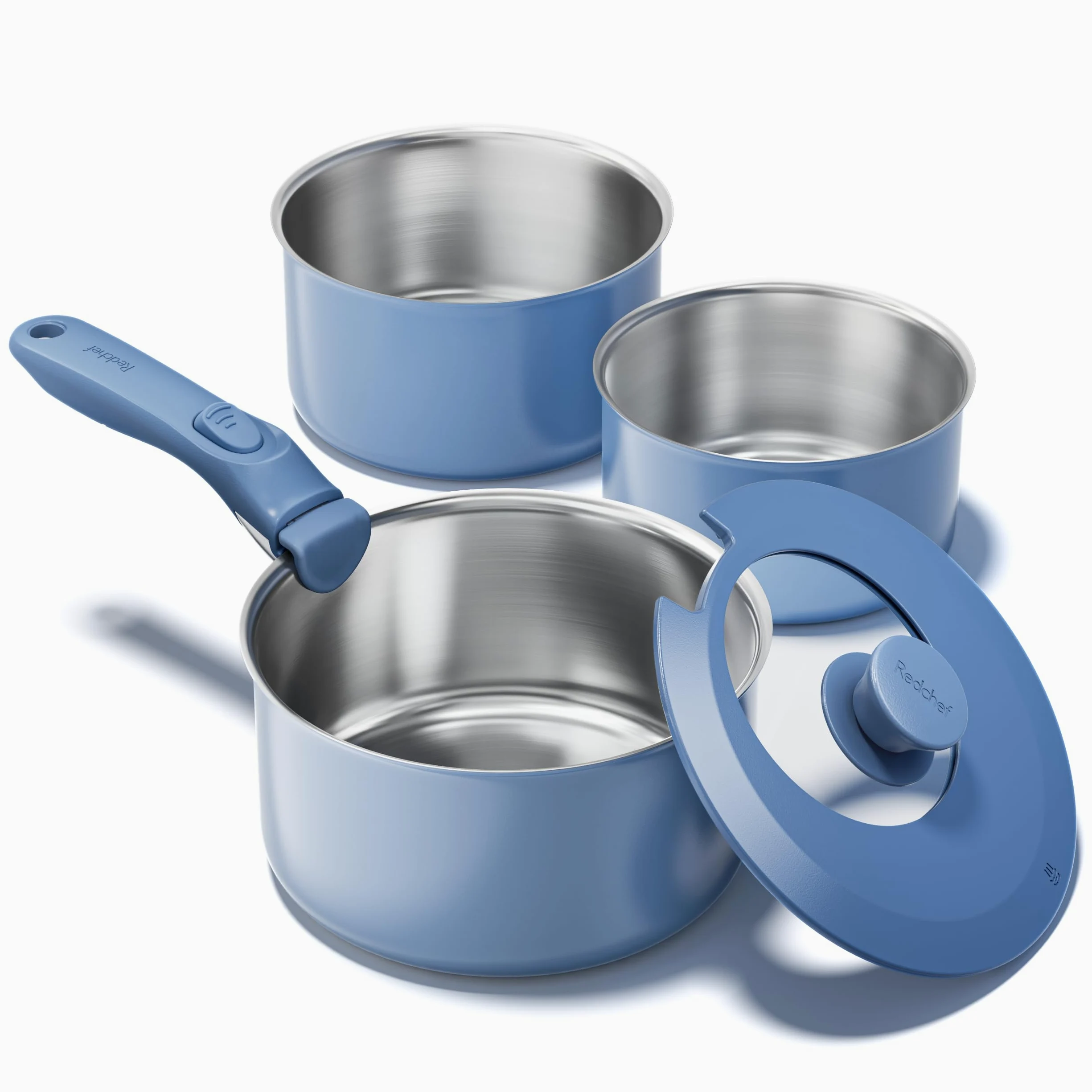 Redchef Set di pentole con manici rimovibili, 5 pezzi, in acciaio inox non rivestito, 16/18/20 cm e coperchio di chiusura 3 in 1, set di pentole a induzione per tutti i tipi di fornelli, adatte al