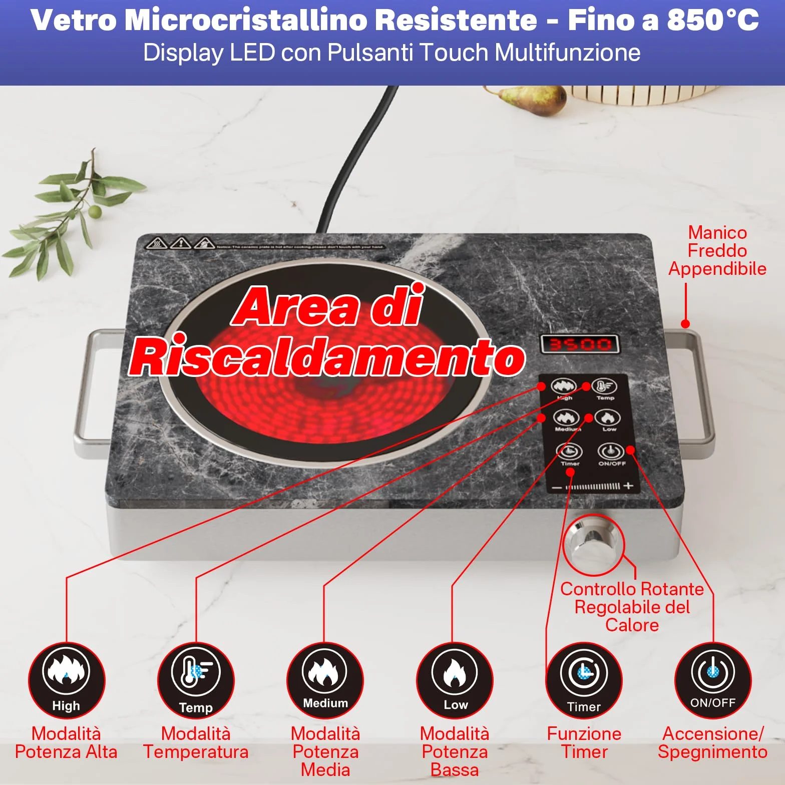 Fornello Elettrico 1 Piastra 2000W Portatile – Piano Cottura Elettrico Vitroceramica 1 Fuoco, Fornello da Campeggio, Vetroceramica per Esterno, Controllo Tattile, Plaque Vitrocéramique 1 Feu