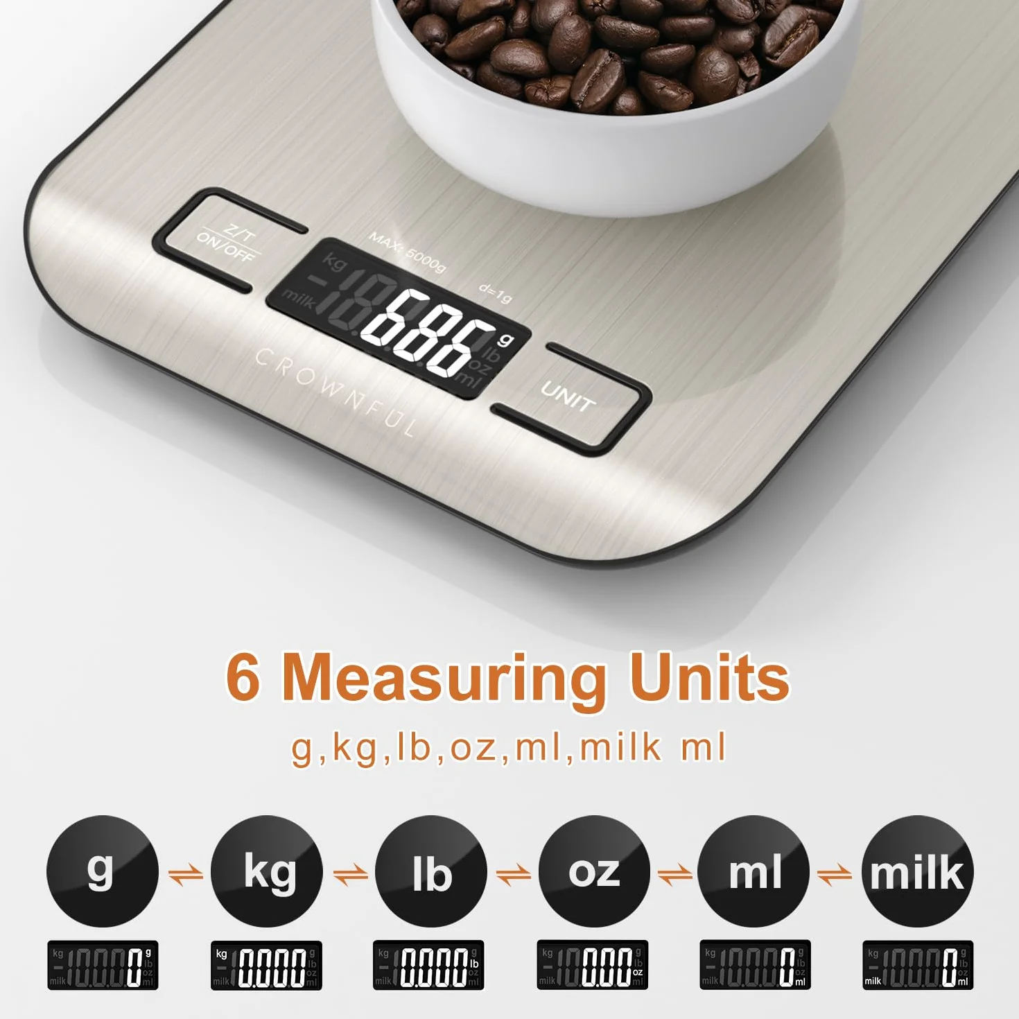 CROWNFUL Bilancia da Cucina Digitale, acciaio inossidabile, Grande Display LCD, Capacità 5 kg, multifunzione Bilancia Cucina 5 unità con funzione tara, Argento