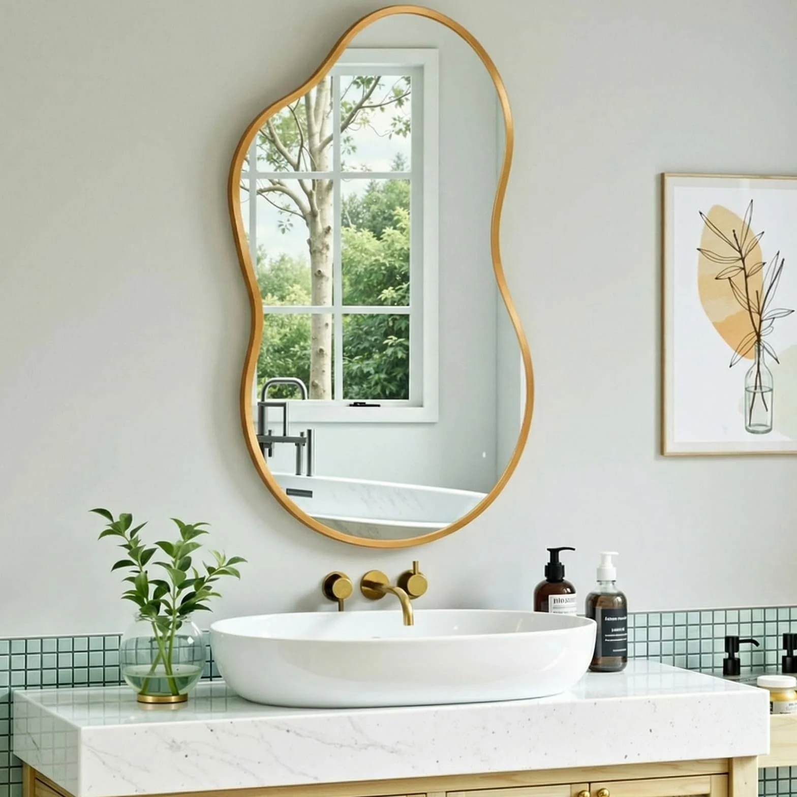 MAMIZO Specchio asimmetrico, 50 x 91 cm, specchio da parete di forma irregolare, vetro temperato, cornice in alluminio, specchio decorativo, specchio da trucco unico, specchio da bagno, oro