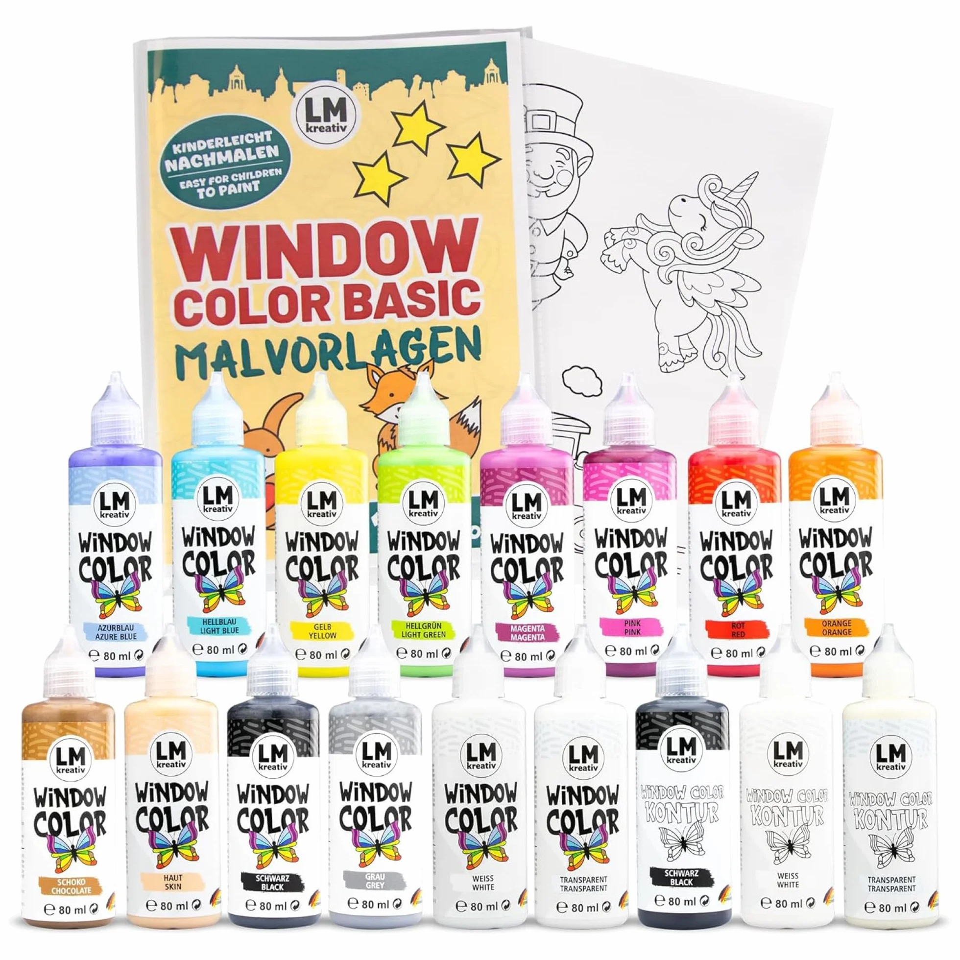 Set Window Color LM 17×80 ml Pittura per bambini riposizionabile per finestre con contorni e modelli