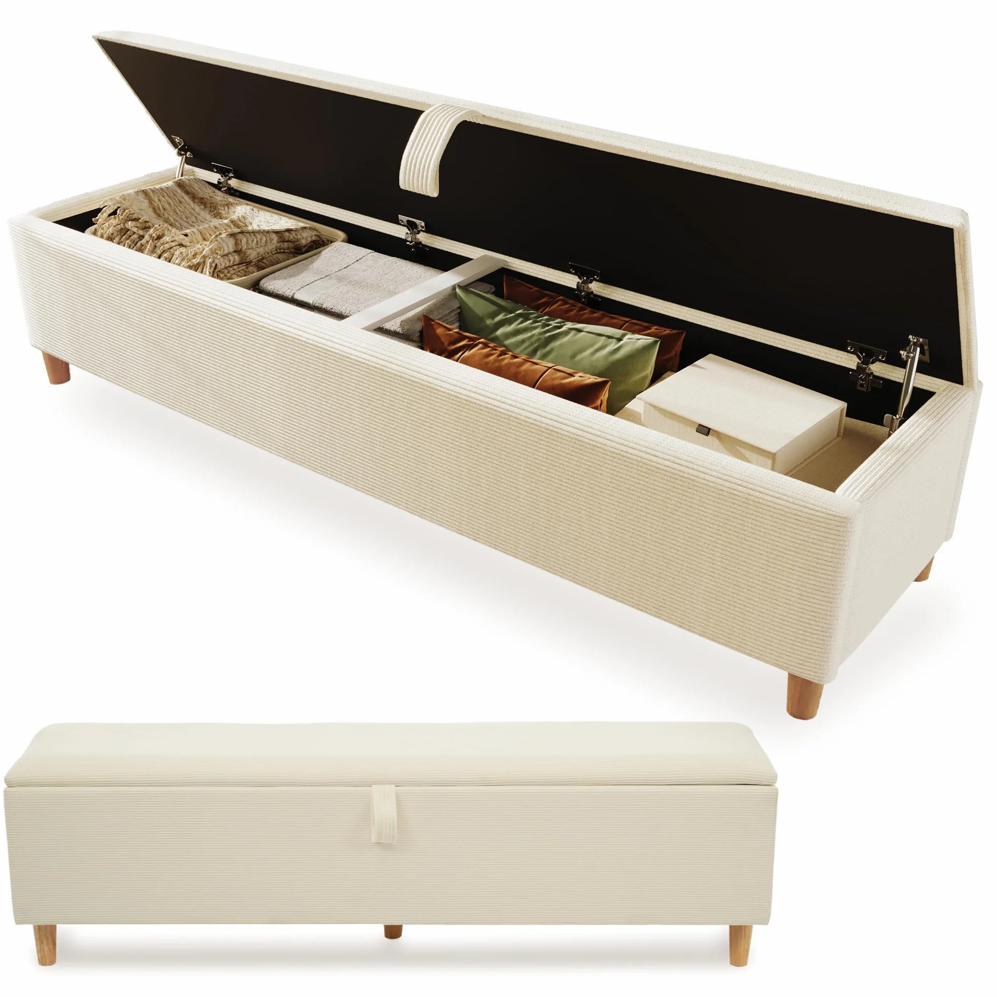 TIZZ Panca da letto 165 x 38 cm con spazio di archiviazione, panca imbottita con vano portaoggetti idraulico, adatta per camera da letto, soggiorno, corridoio, effetto cord beige
