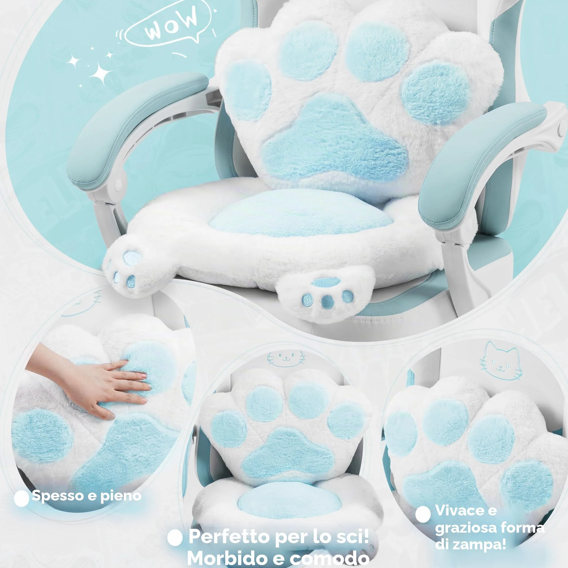 Gatto Sedia Gaming con Poggiapiedi, Cuscino Lombare e Orecchie di Gatto, Sedia da Gaming Ergonomica in Velluto, con Poggiapiedi, per Donne, Adulti e Adolescenti, Blu e Bianco