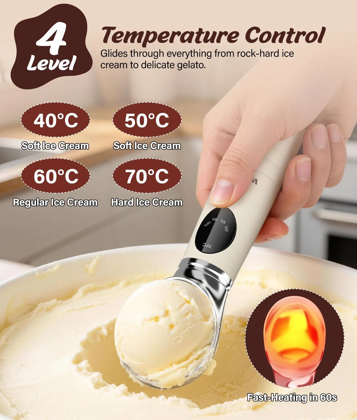 Cucchiaio per Gelato Riscaldabile Ricaricabile WADEO, 4 Temperature 40-70°C, Display LED