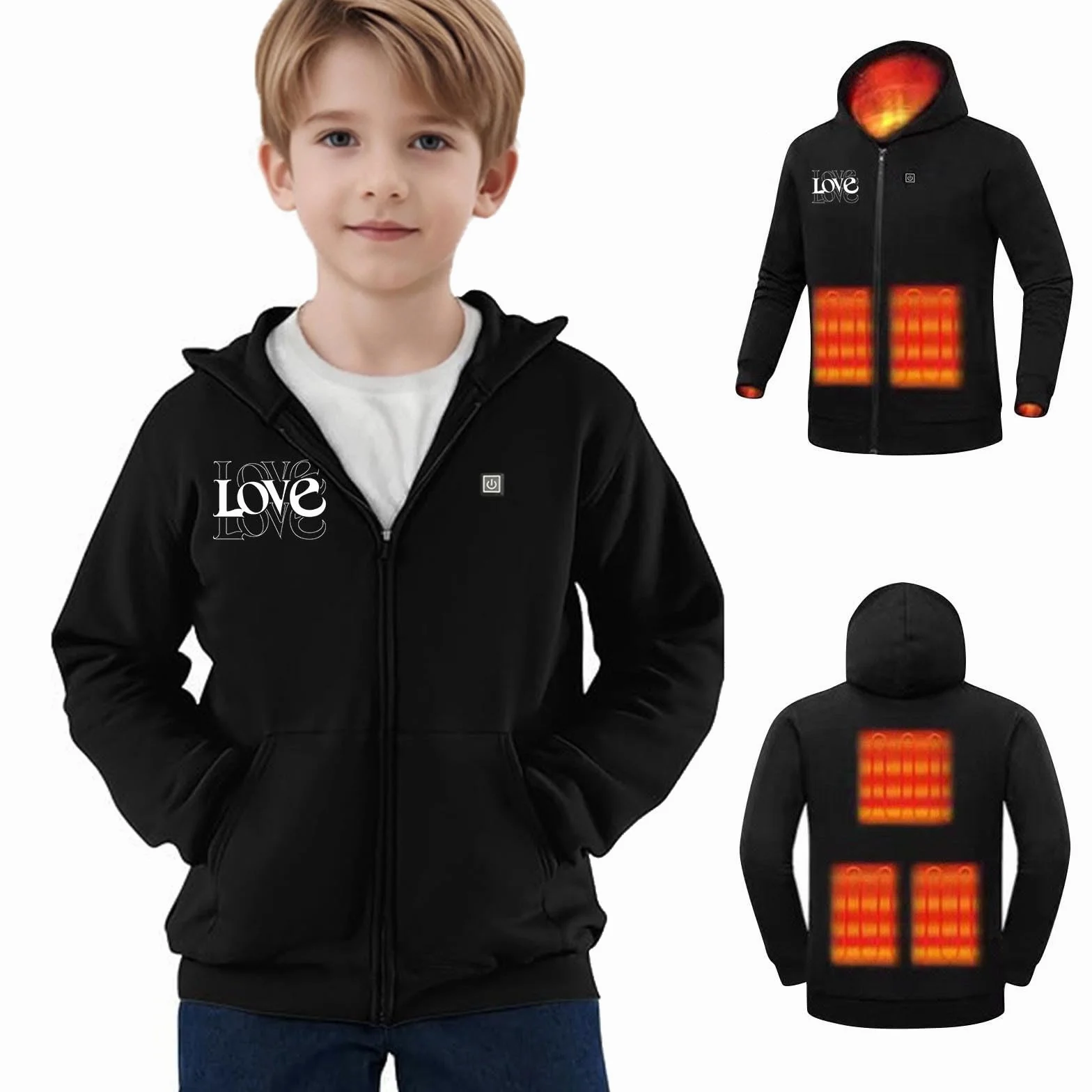 Felpe Riscaldato per Bambini Felpa Riscaldata Elettrico USB Giacca con 3 Livelli di Temperatura Pullover Riscaldante Calda Hoodie Isolante Invernale Sweatshirt Casual Abbigliamento