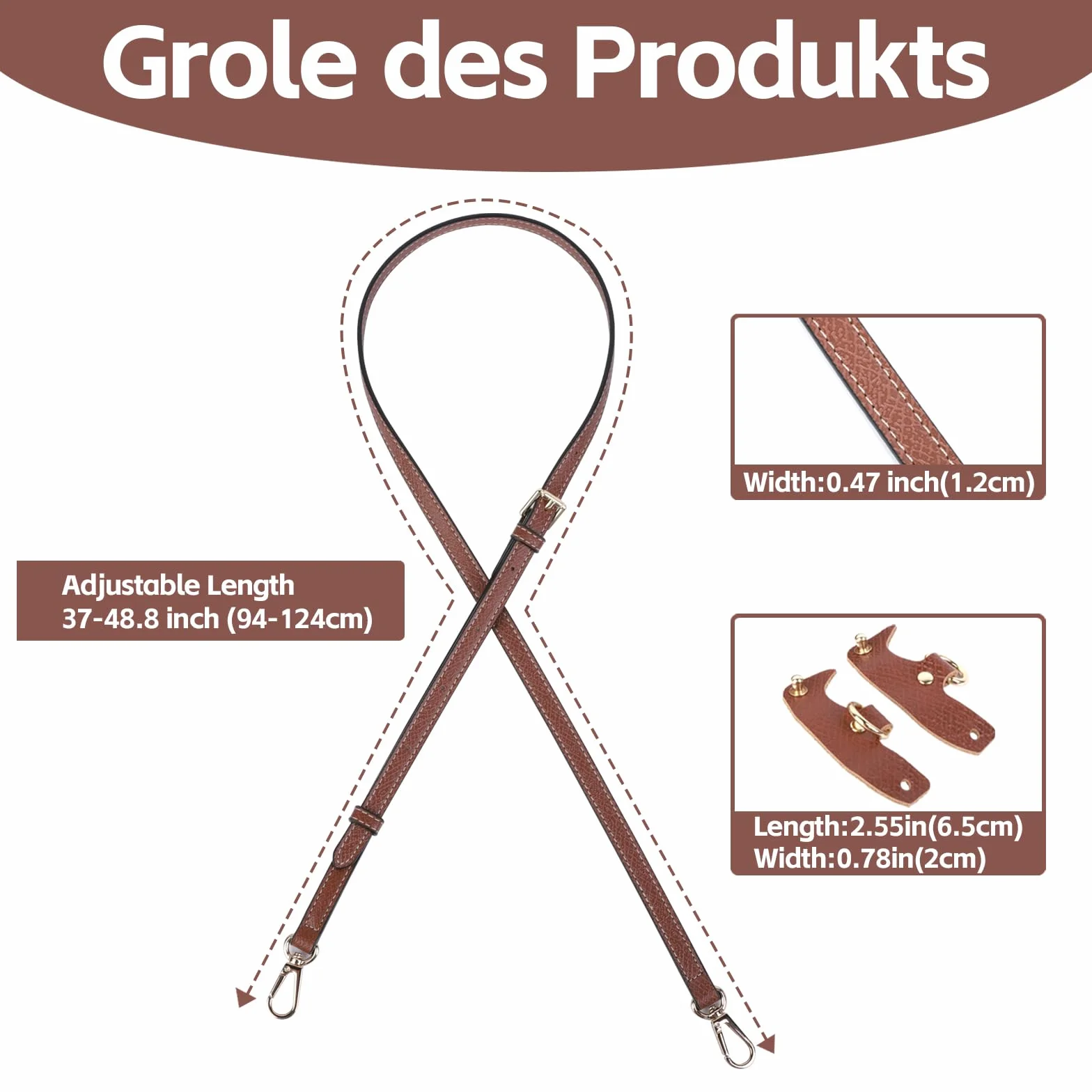VINATO Tracolla Regolabile per Borsa 94-124 cm Marrone con Fibbia Dorata