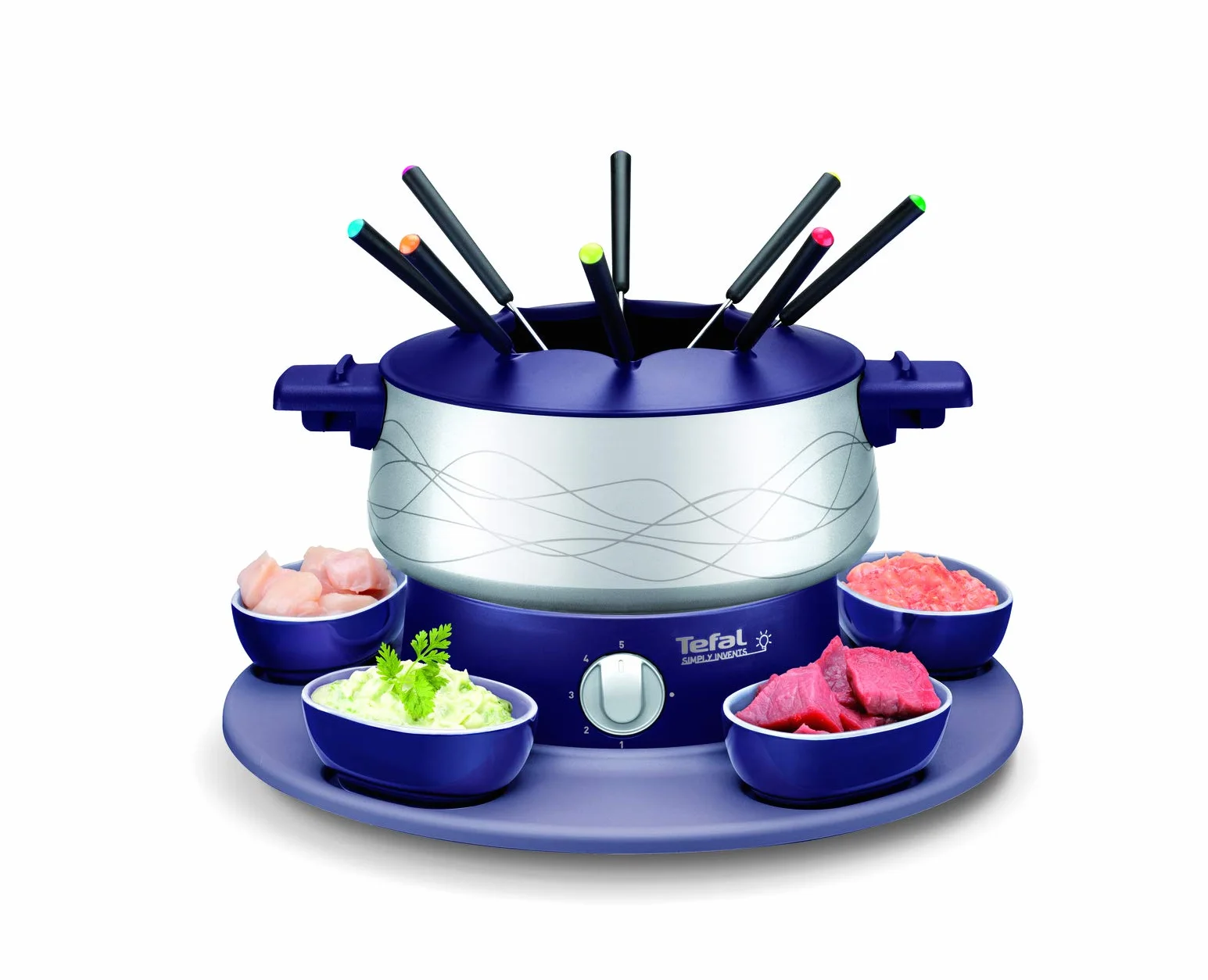 Tefal EF351412 - Apparecchio per fonduta Simply Invent, completo di 1 tegame, 8 forchette e 5 recipienti, colore: blu indaco