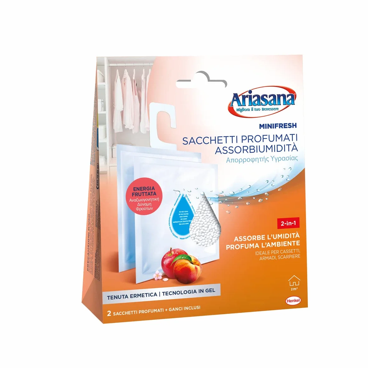 Ariasana Minifresh Energia Fruttata Sacchetti profumati 2in1, Sacchetti con doppia azione assorbiumidità e antiodore, Deodorante cassetti e armadi, 2 sacchetti da 50g