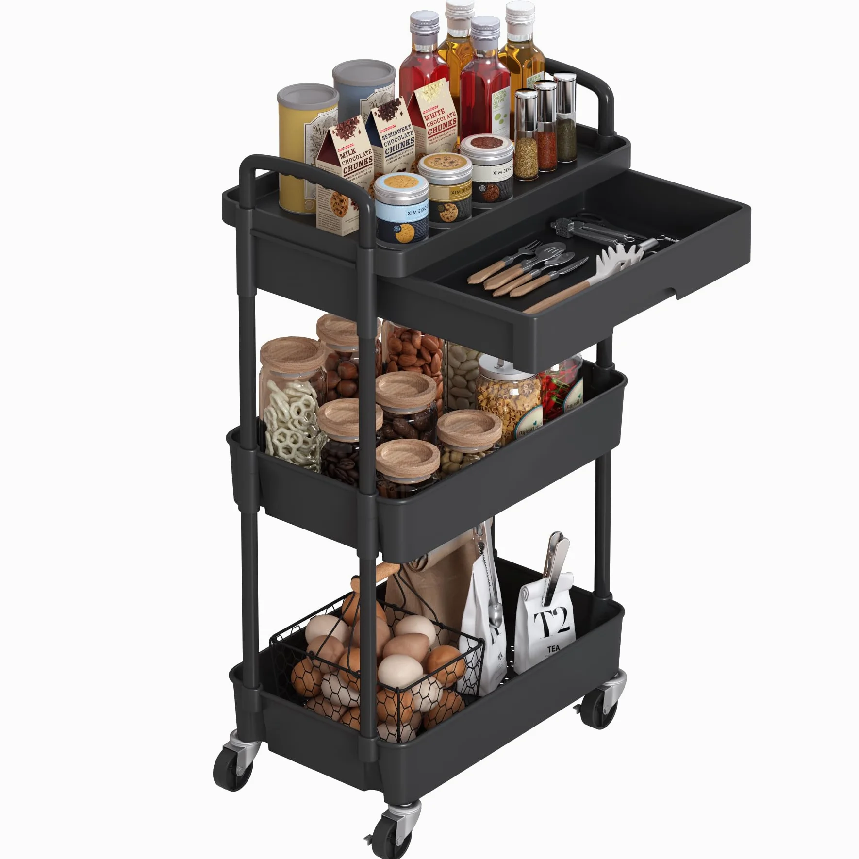 Dttwacoyh, Pratico carrello portatile a 3 livelli con cassetti, carrello portaoggetti con ripiani in plastica, adatto per uffici, cucine, lavanderia, bagno, trucco, nero