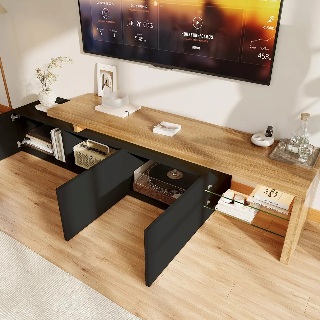 Mobiletto TV LED 200 cm, Mobili TV con Ripiano in Vetro, Mobile TV da Soggiorno, Panca TV Moderna in Legno con 3 Armadietti, Armadio Basso Soggiorno per Interni, Nero