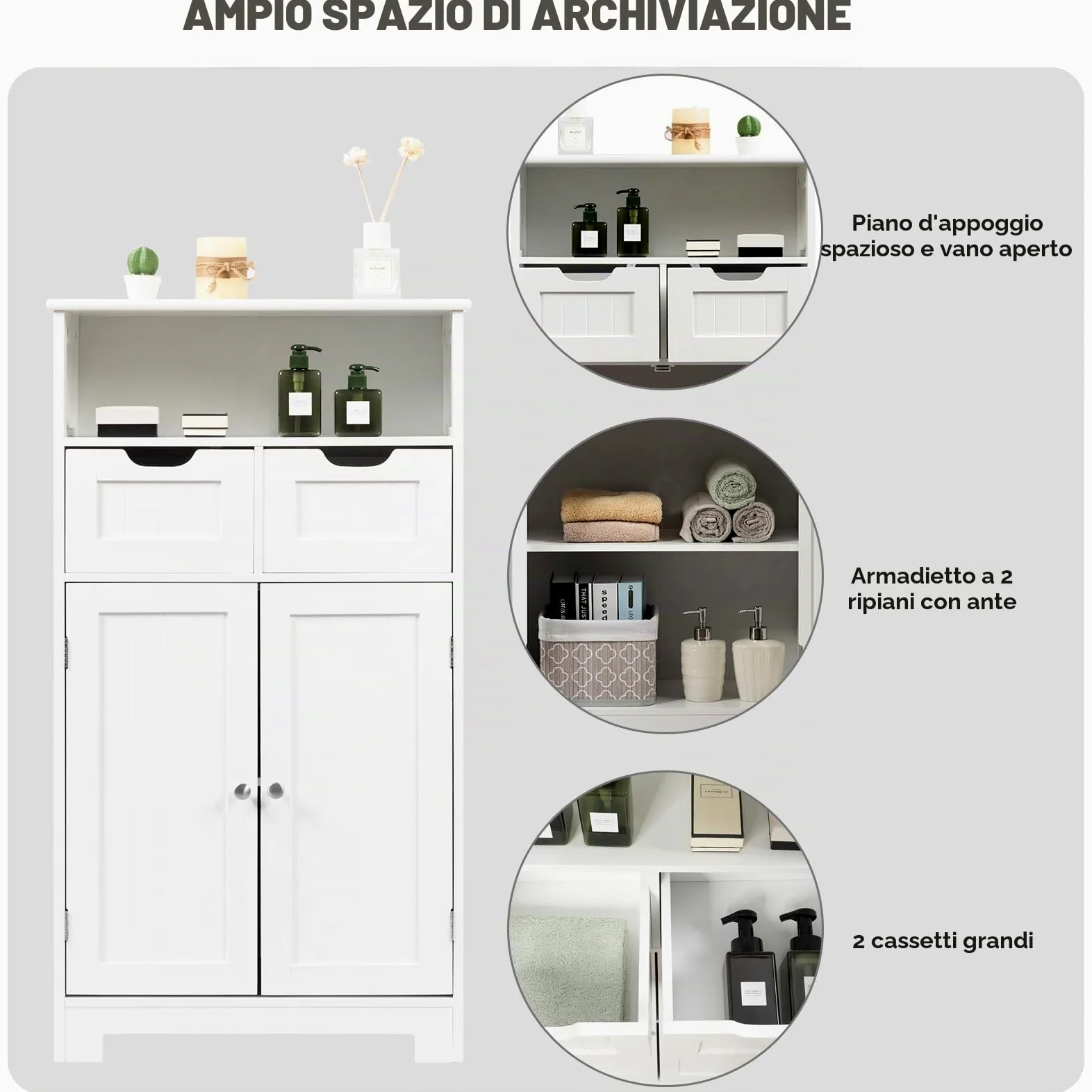 KOMFOTTEU Mobile da Bagno con 2 Cassetti e 2 Armadi a Porta, 60 x 30 x 109 cm, Armadietto da Terra Autoportante in MDF, Armadio d’Archivio per Soggiorno, WC, Camera da Letto, Cucina (Bianco)