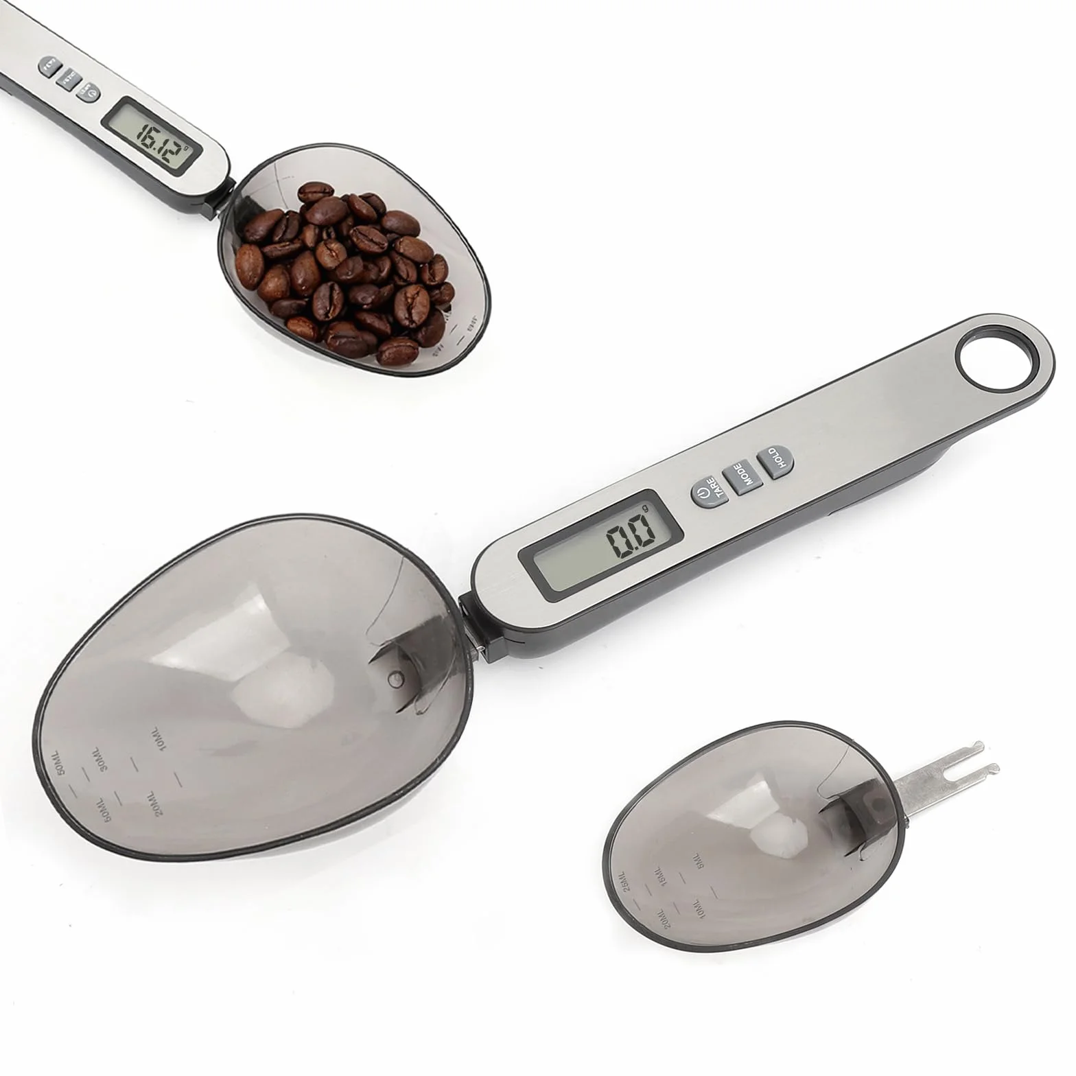 Cucchiaio bilancia digitale precisione misure da 0,1g a 500g 2 testa a cucchiaio diverse electronic spoon scale multifunzionale con diverse unità di misura frontale in acciaio inossidabile argentato