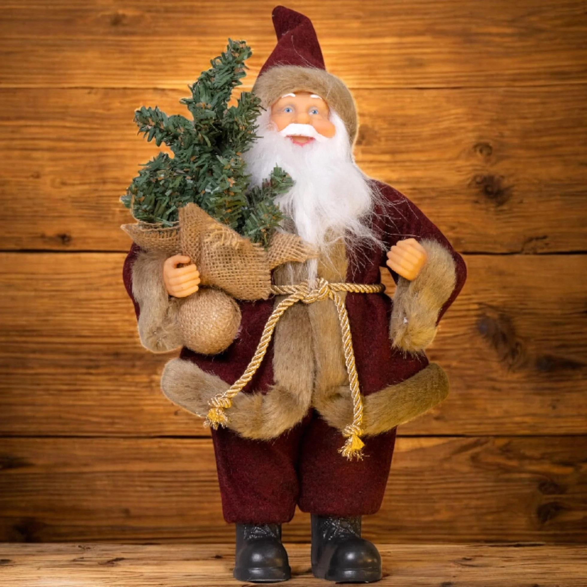 MIJOMA Statuetta decorativa di Babbo Natale – 30 cm nostalgica decorazione natalizia in rosso scuro con piccolo albero di Natale, decorazione natalizia invernale per atmosfera festiva