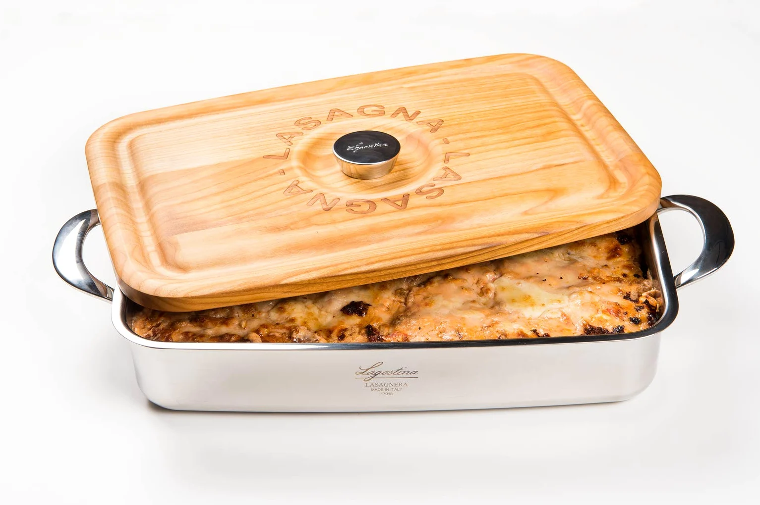 Lagostina Patrimonio Lasagnera per Forno con Coperchio di Legno di Ciliegio, Acciaio Inox e Legno, 22x35 cm