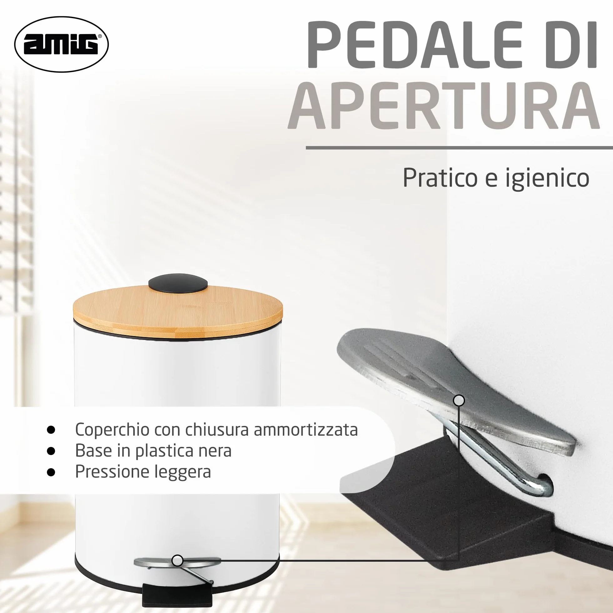 Amig Naturline Pattumiera da bagno con pedale 3 litri bianco bambù acciaio inox