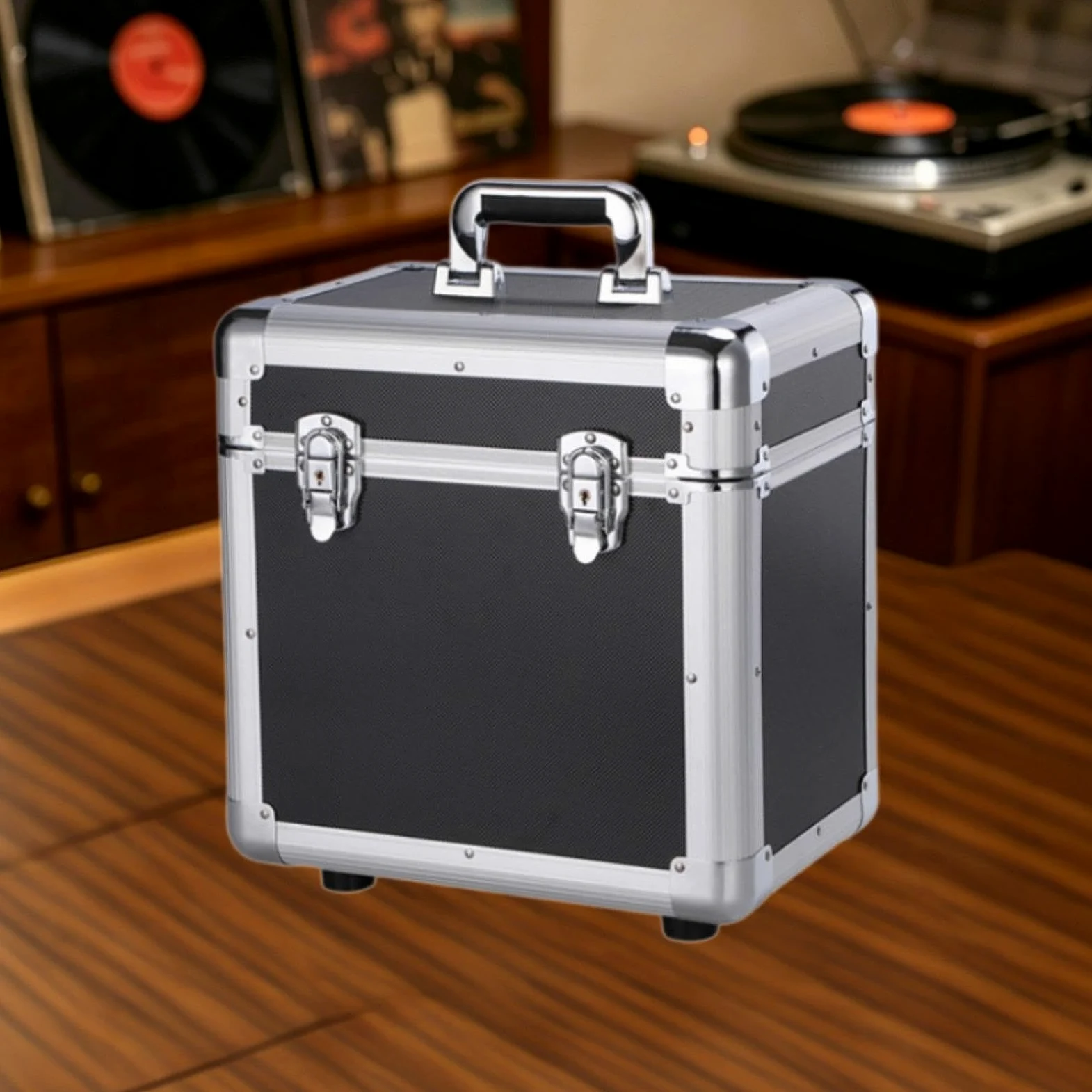 kowaku Scatola Porta Dischi Vinile Organizer Archiviazione Custodia Contenitore Alluminio Leggero con Manico Bloccabile per Collezionisti Appassionati DJ Ada, Nero S