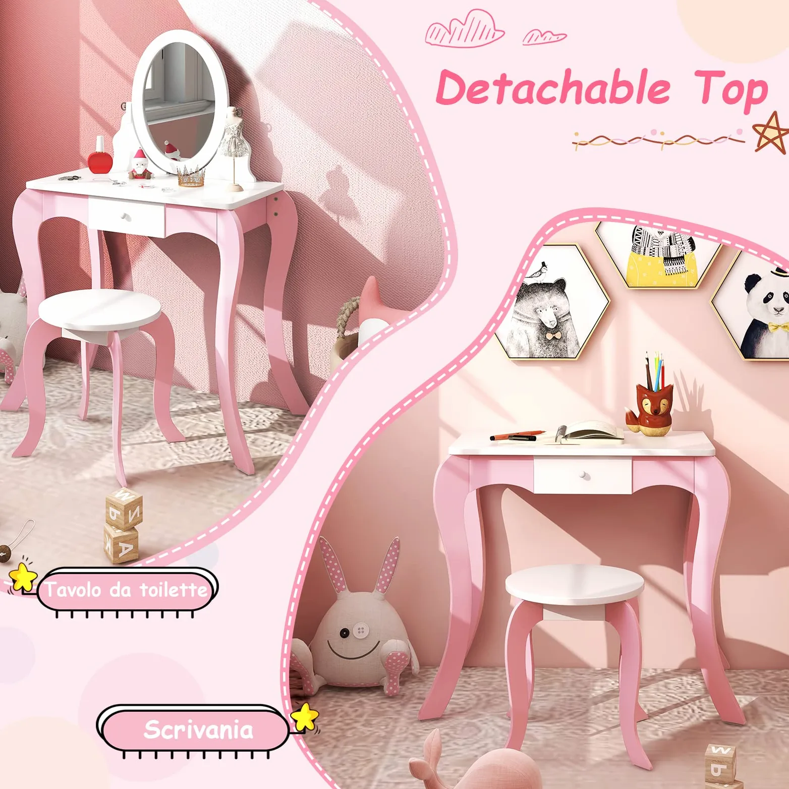 RELAX4LIFE 2 in 1 Toeletta Trucco per Bambini, Set Tavolo da Trucco per bambini, Specchio e Sgabello, Set di Vanità per Bambini da 3 a 7 anni