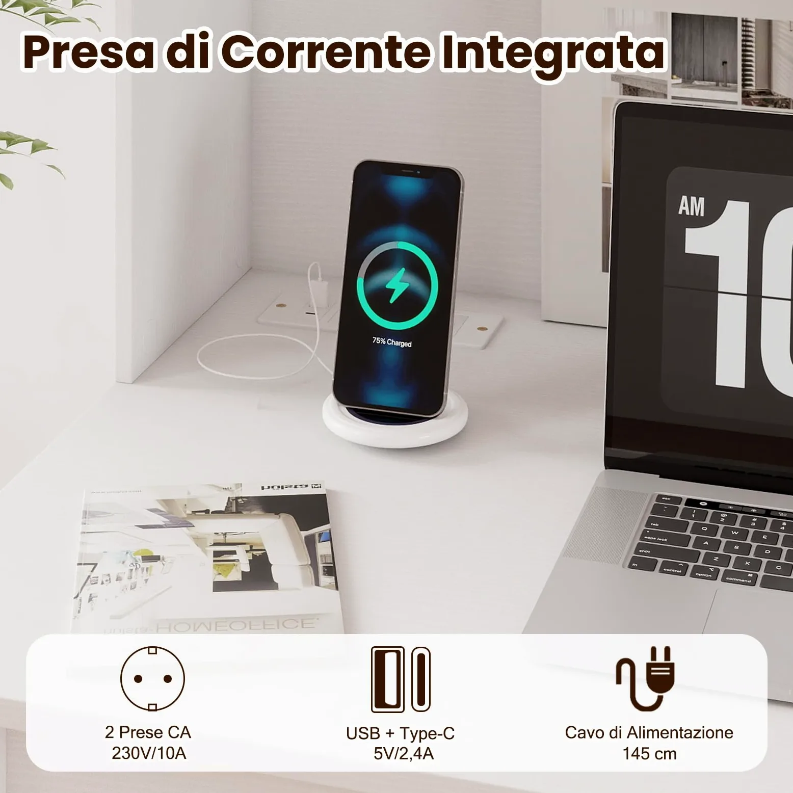 COSTWAY Scrivania per Computer con Libreria, Scrivania Salvaspazio in Legno con Stazione di Ricarica e Foro per Cavi, Scrittoio Moderno per Ufficio, Soggiorno e Studio, 108 x 60 x 125 cm (Bianco)