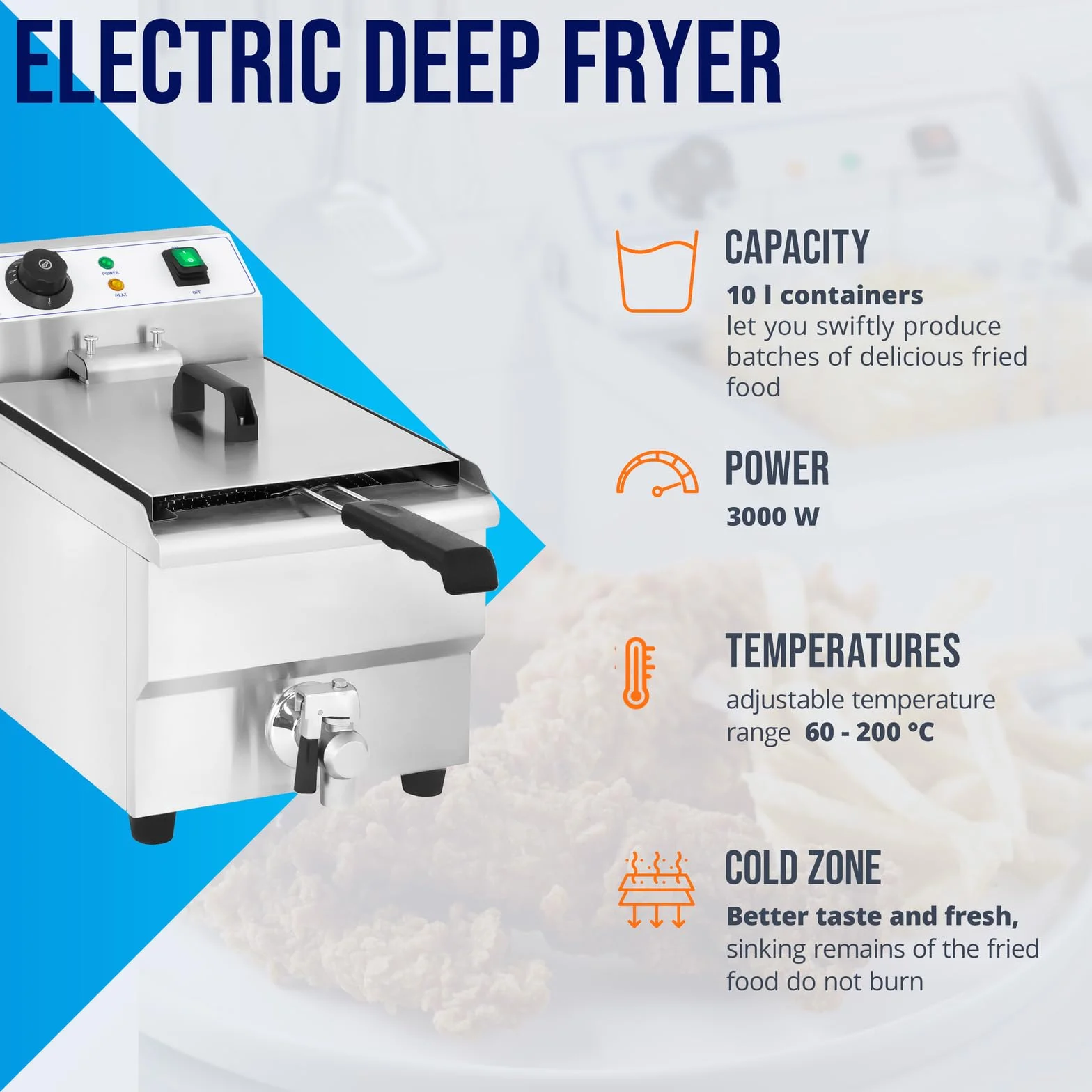 Royal Catering RCEF 10EH-1 Friggitrice Professionale Friggitrice Elettrica (3600 W, 230 V, 60-200 °C, 10 litri, 3 kg, Acciaio inox, Rubinetto di scarico)