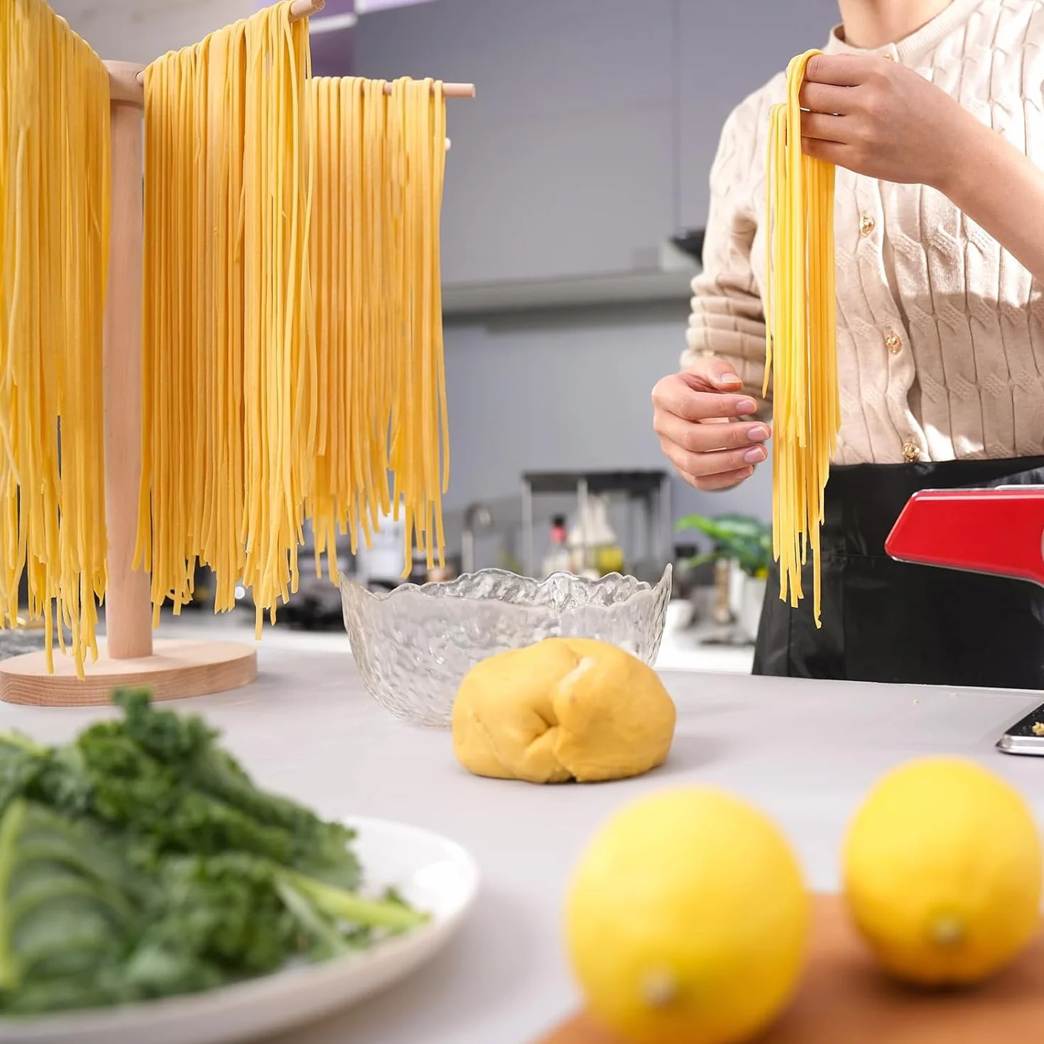Essiccatore per Pasta, Stendino per Pasta, Essiccatoio per Pasta Grande in Legno con 9 Bracci Rimovibili,con Base, Riutilizzabili, per Spaghetti, Altezza 45 cm