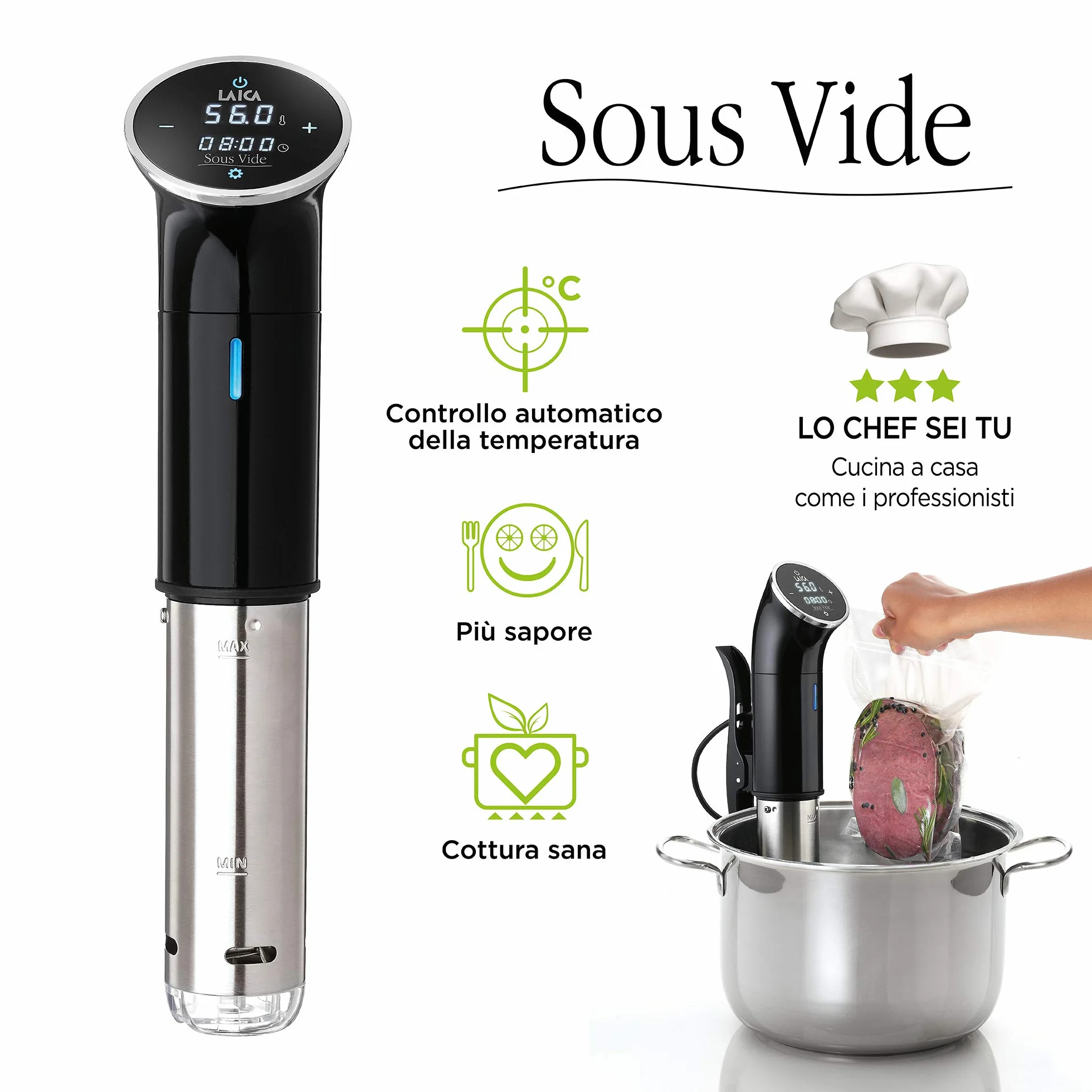 Laica Svc107 Sous Vide Termocircolatore a Immersione, Cottura Sottovuoto a Bassa Temperatura