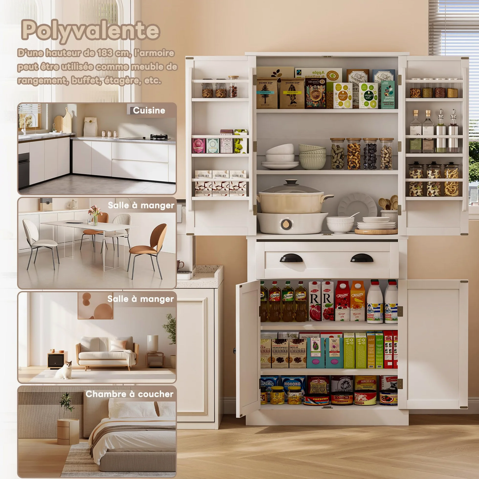 SACOOL Armadietto a 4 ante e 1 cassetto, 2 ante con ripiani, 6 scomparti e 4 ripiani regolabili, adatto per cucina, sala da pranzo e soggiorno, bianco