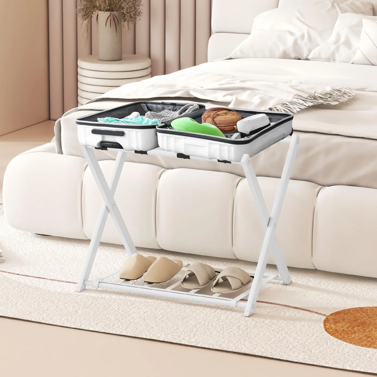 COSTWAY Portavaligie Pieghevole a 2 Ripiani in Metallo 68x43x56 cm Bianco