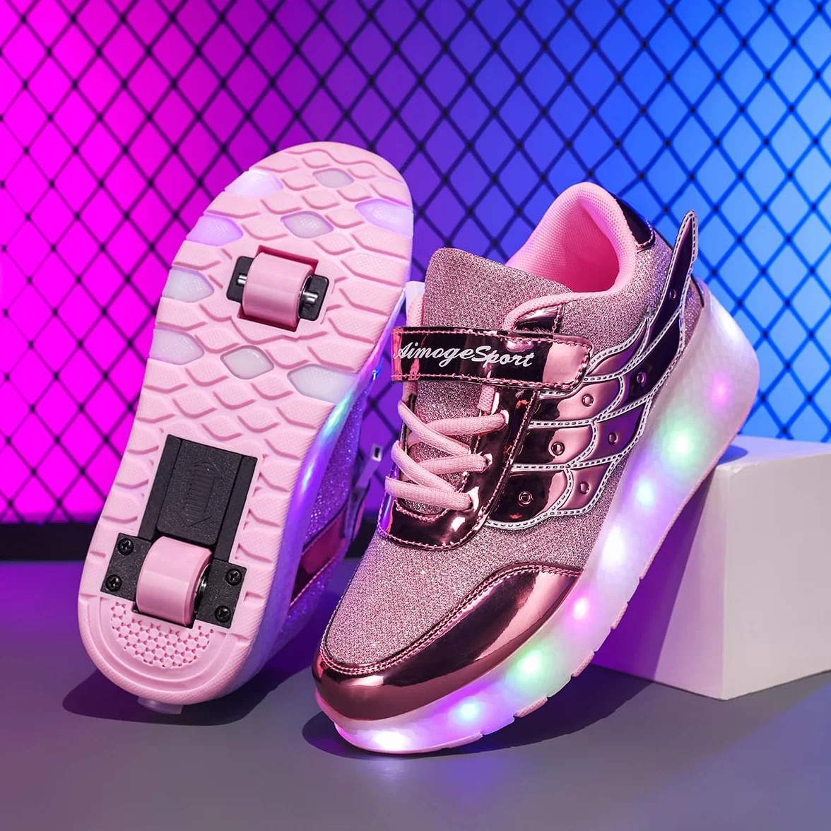 Skateboard Sneakers LED USB Ricarica Luci Brillantini Rotelle Retrattile Outdoor Multisport Luminose Running Calzature Bambini Ragazze Ragazzi