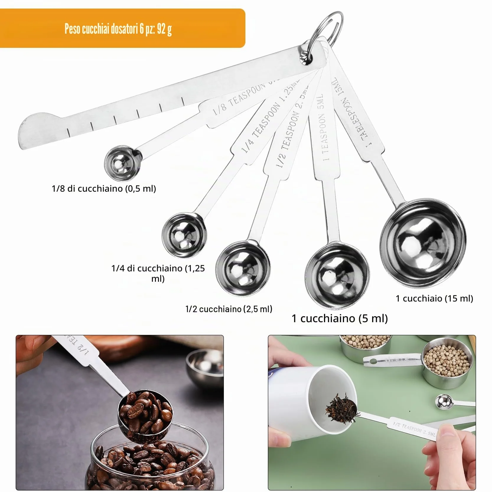10pz Acciaio Inossidabile Misurare tazze e Cucchiai Dosatori Misurini Cucina in Acciaio Inox 304 Cucchiai Graduati Measuring Spoons Cucchiaio Dosatore per Dolci Ingredienti Cottura