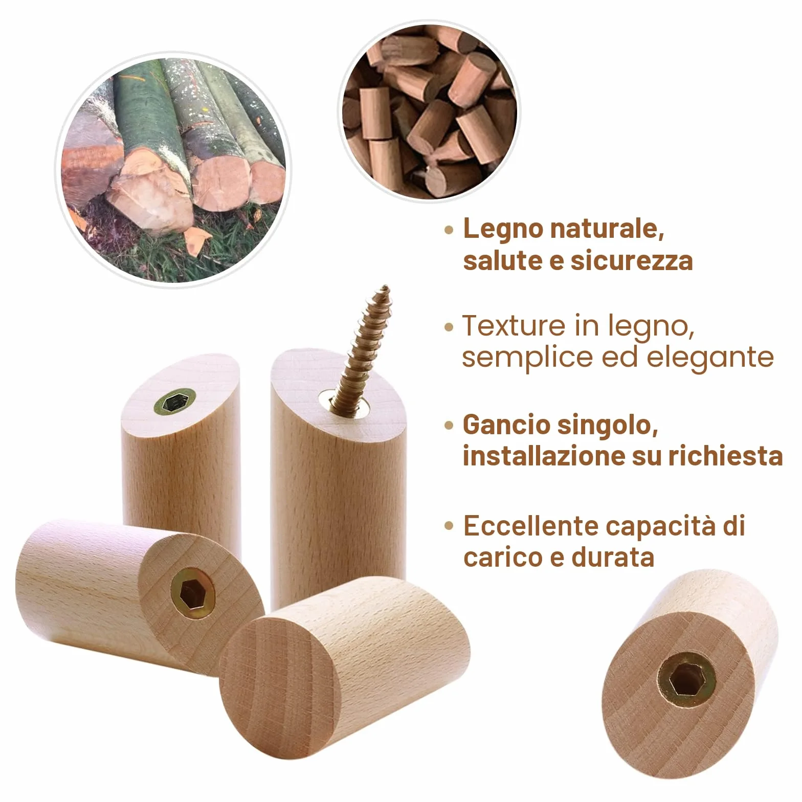 Ganci Appendiabiti in Legno da Parete 6 Pezzi 3x6cm per Cappotto Cappello Sciarpe
