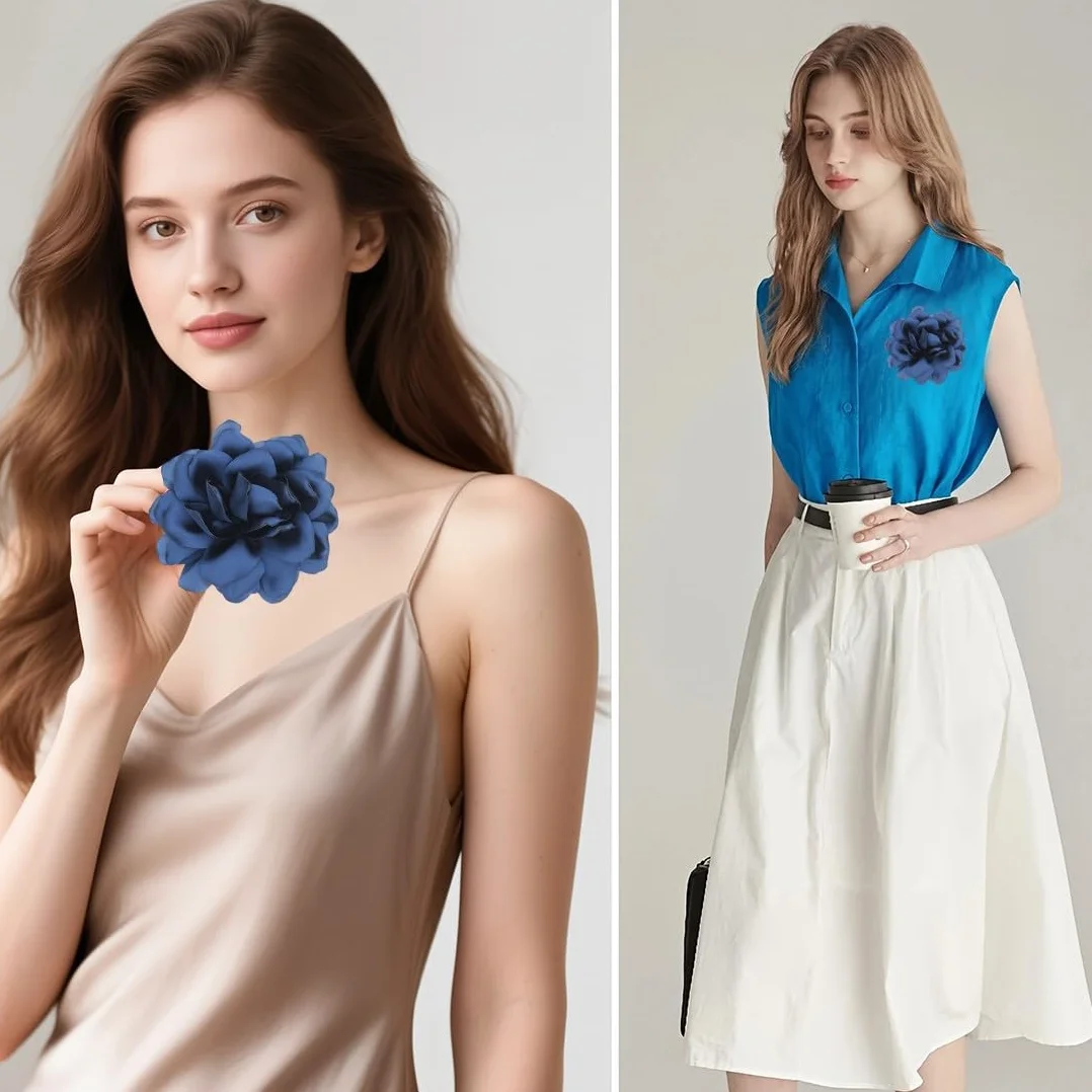 Spilla Fiore Rosa in Raso di Seta per Abiti, Spilla da Bavero Floreale Grande, Fermaglio Capelli Donna, Elegante per Matrimonio Festa Danza (Blu Scuro)