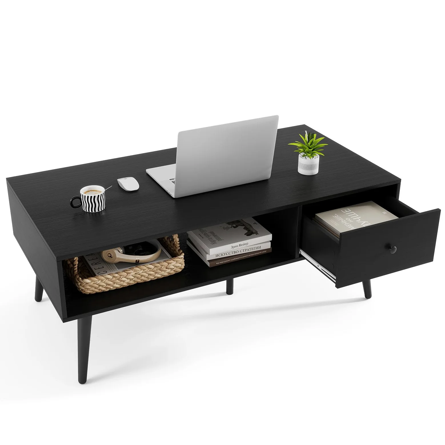LIFEZEAL Tavolino Salotto, Tavolino da Caffè, da Divano, con 1 Cassetto, 1 Scomparto, per Soggiorno, Moderno, Basso, Salvaspazio, in Legno, Metallo, Montaggio Facile, Max 90kg, 109x55x39,5cm, Nero