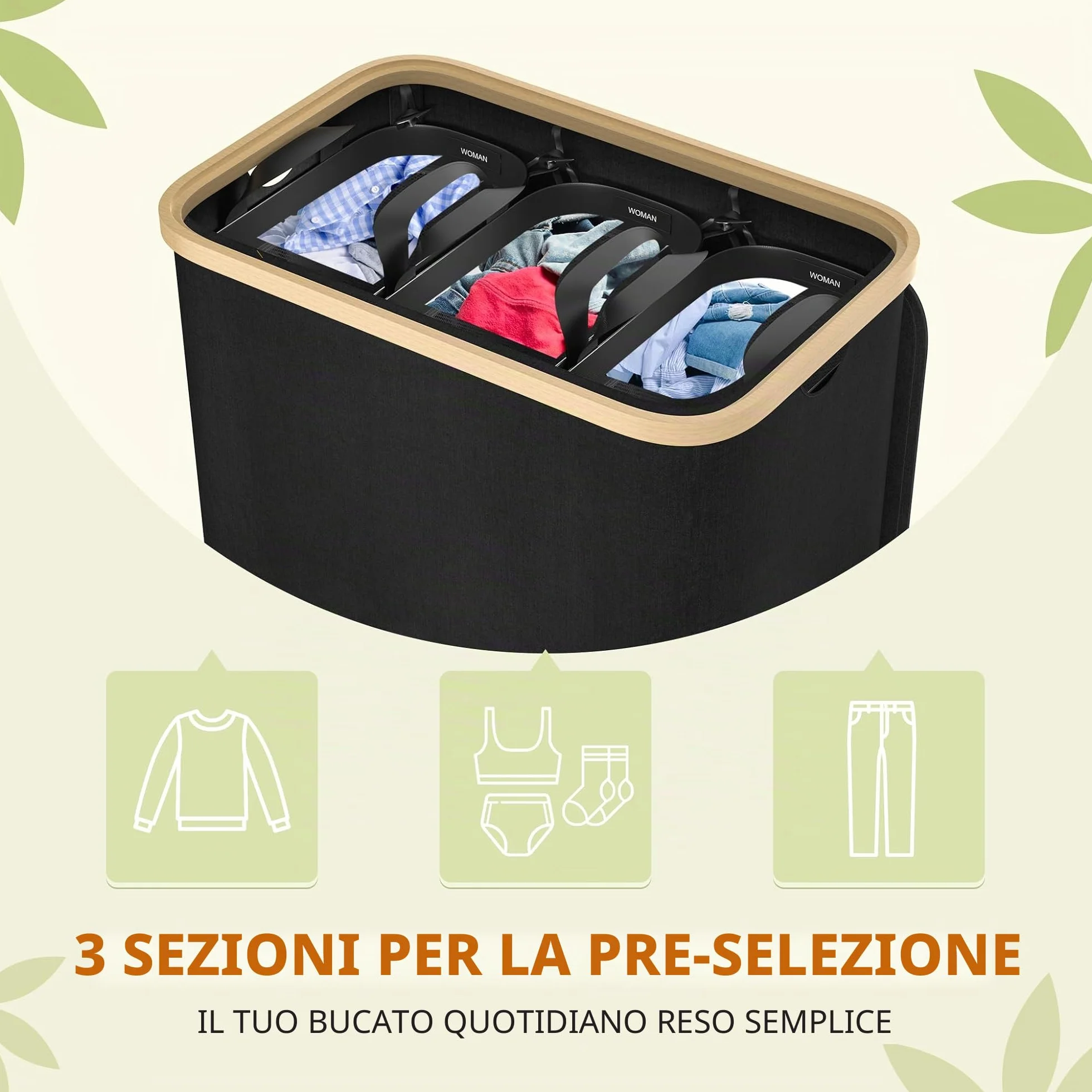 LARS360 Cesto per la Biancheria a 3 Scomparti, Cesto per Biancheria con Coperchio, 140L, Cesto Compatto, Cesto Pieghevole per la Biancheria, Organizzatore per Biancheria (Nero)