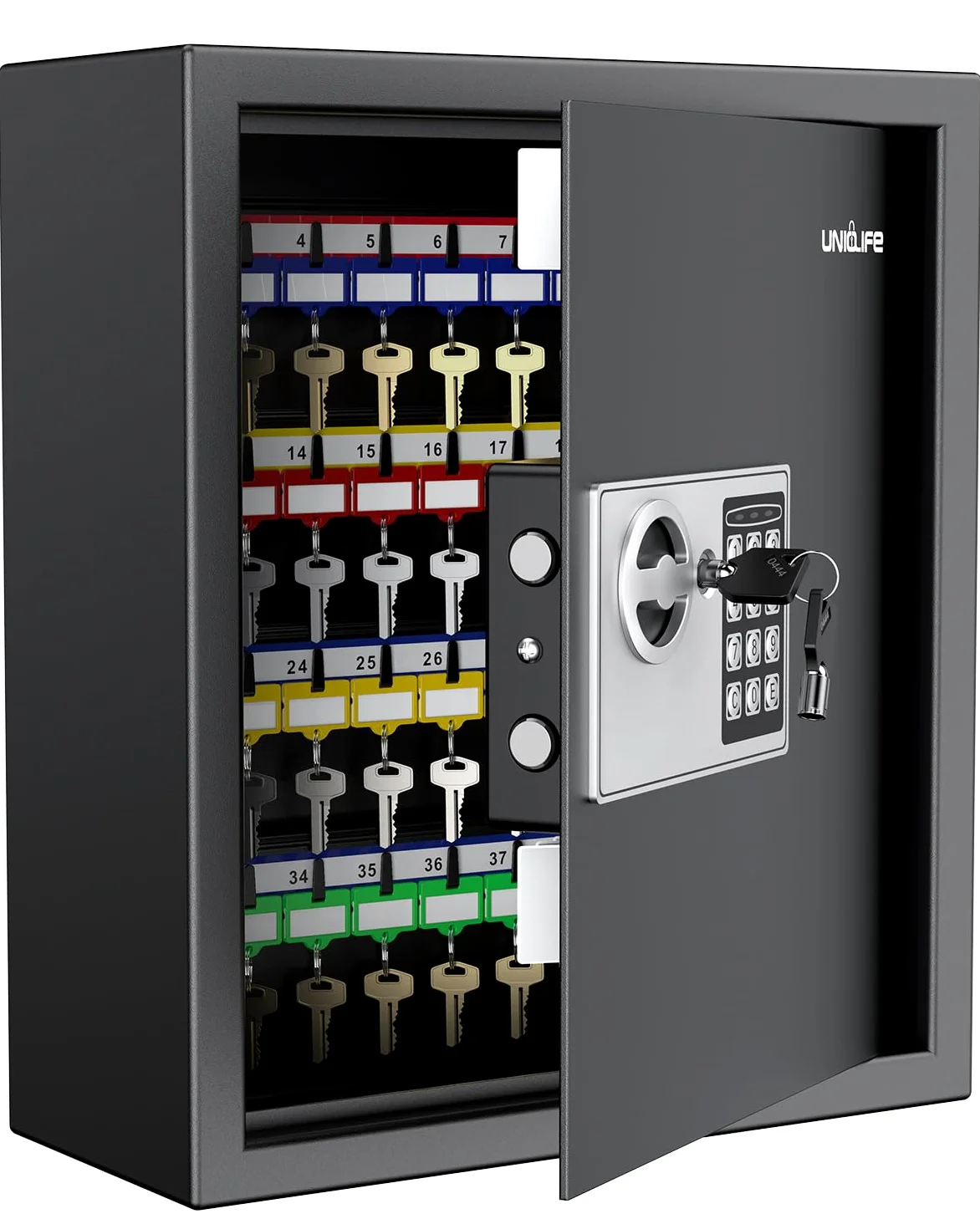 Uniclife Armadietto portachiavi a 70 posizioni con combinazione e serratura a chiave, montaggio a parete, per chiavi di sicurezza, organizer per chiavi digitale nero con tastiera, ripiani regolabili