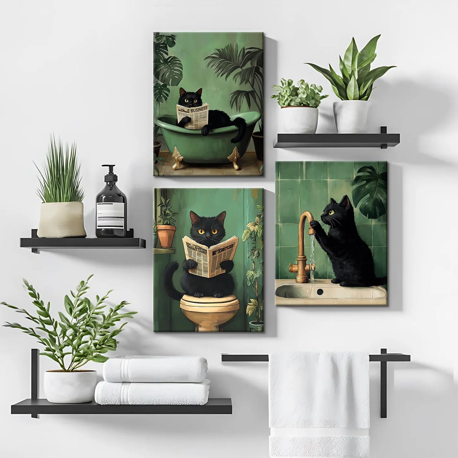 Stampa su tela Divertente Gatto Nero Pittura Quadri Moderni Bagno 30x40cm x3