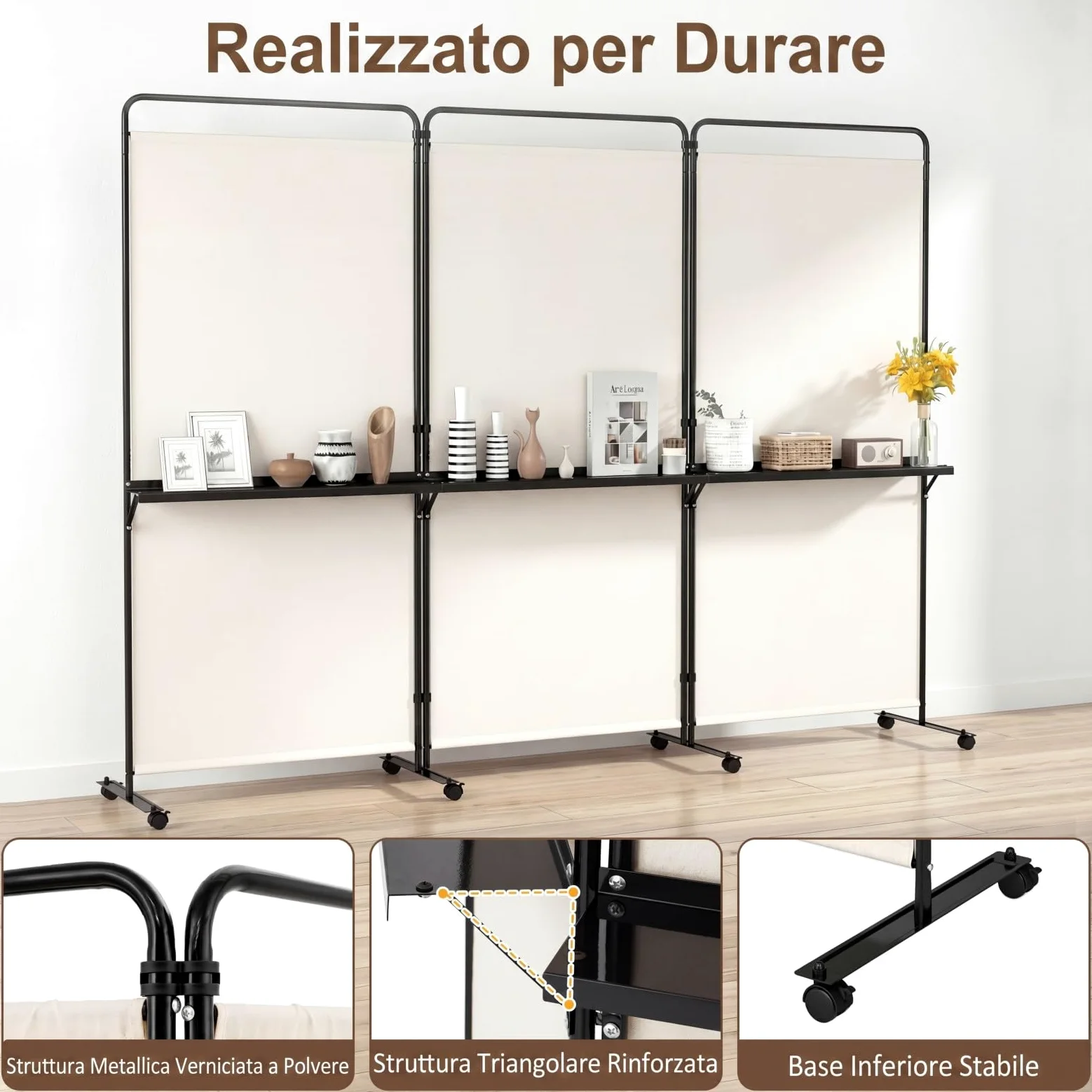 COSTWAY Paravento Interno 3 Ante con 8 Ruote Bloccabili e Ripiani (Bianco) | Separe Divisorio Pieghevole con Scaffale Portaoggetti, Tessuto Resistente e Opaco per Salotto, Camera da Letto e Ufficio