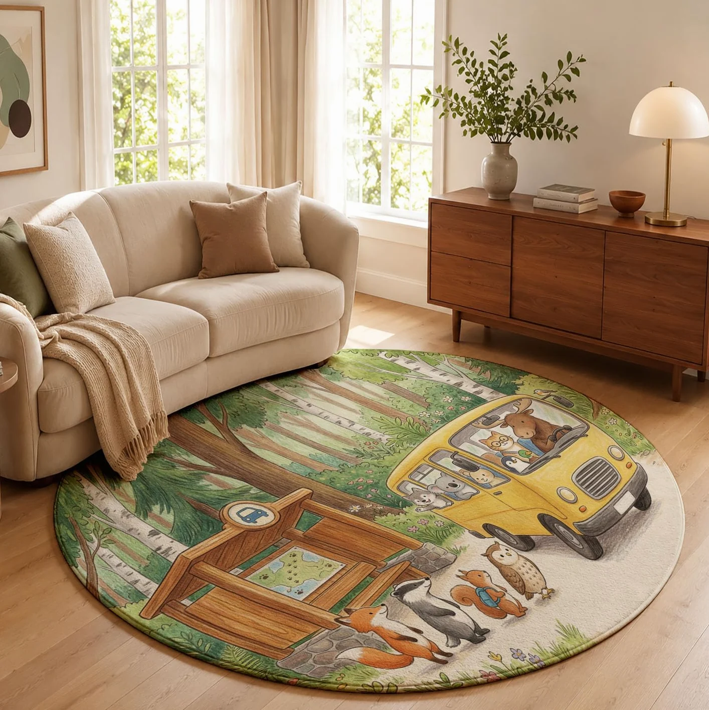 Tappeto Rotondo Bambini In Stile Fiaba Della Foresta Tappeto a Pelo Corto Fox Bus Antiscivolo, Lavabile In Lavatrice per Salotto, Cameretta dei Bambini, Dimensione: 140cm, Verde
