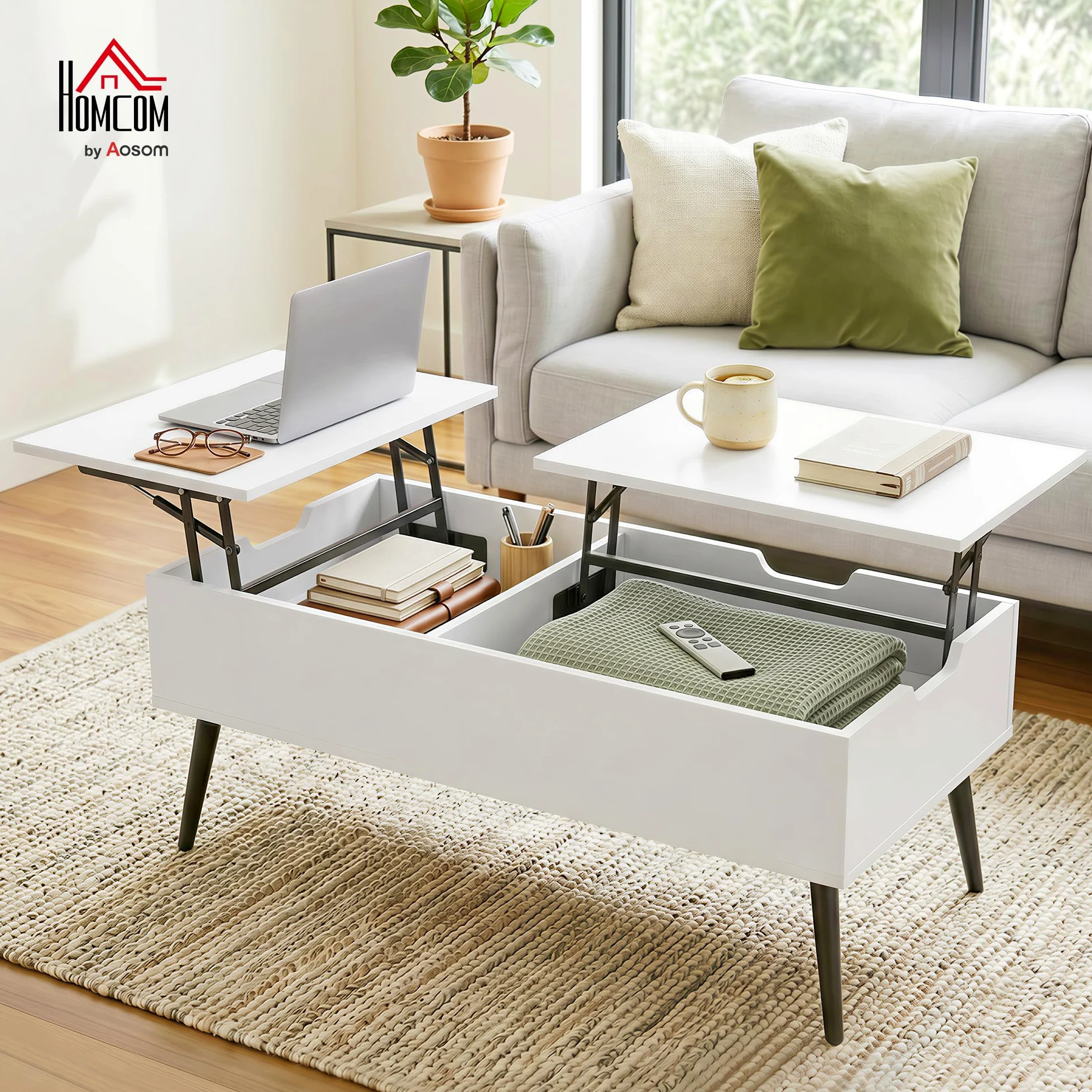HOMCOM Tavolino da Caffè Sollevabile Salotto 100x50x43.6-58 cm Bianco | Doppio Piano, Vano Nascosto, Gambe in Metallo, Soggiorno Casa Ufficio